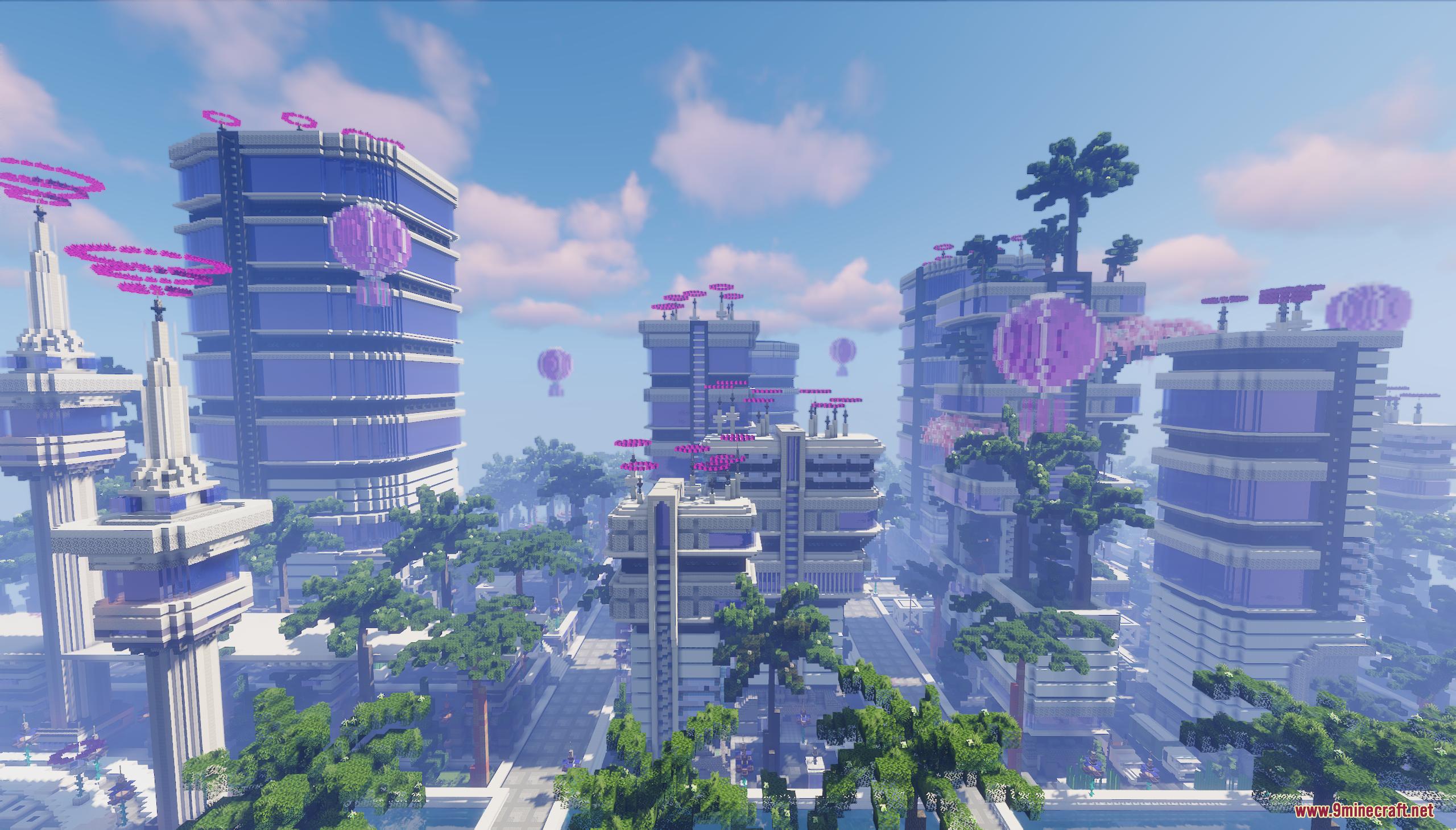 A futuristic Minecraft city with tall glass skyscrapers and floating purple balloons