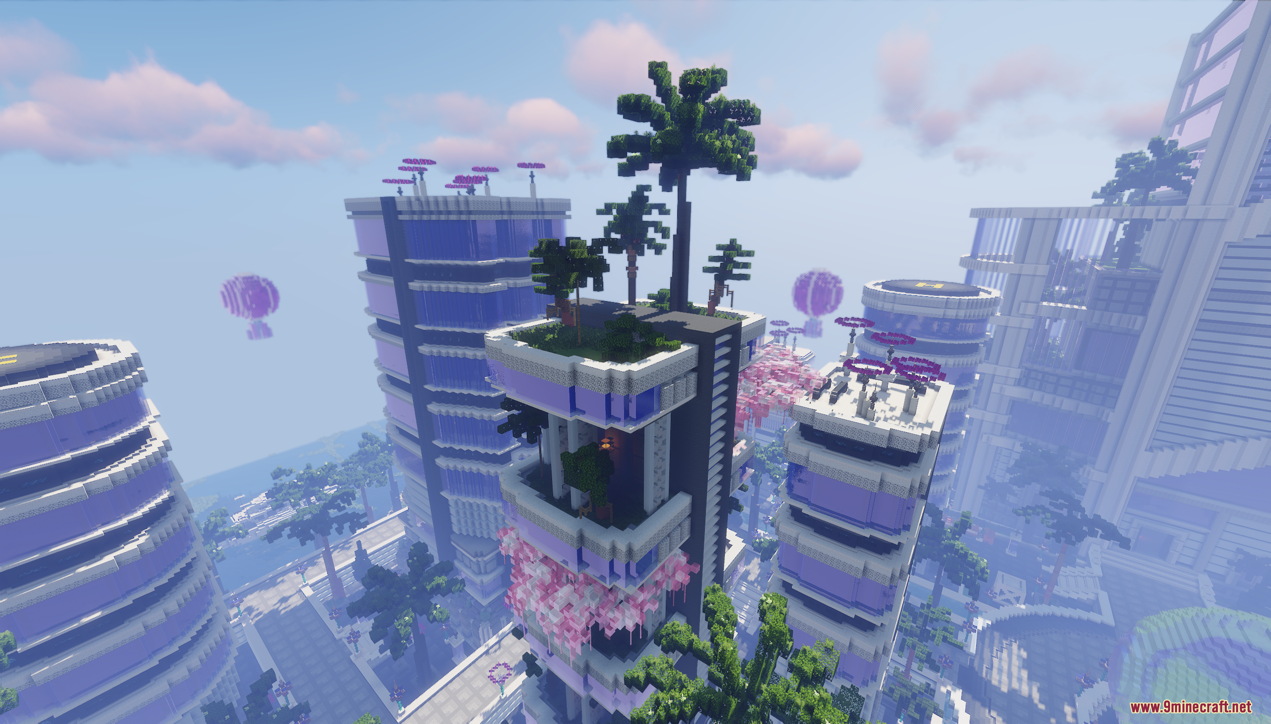 Modern skyscrapers in Minecraft featuring lush rooftop gardens and tropical palm trees