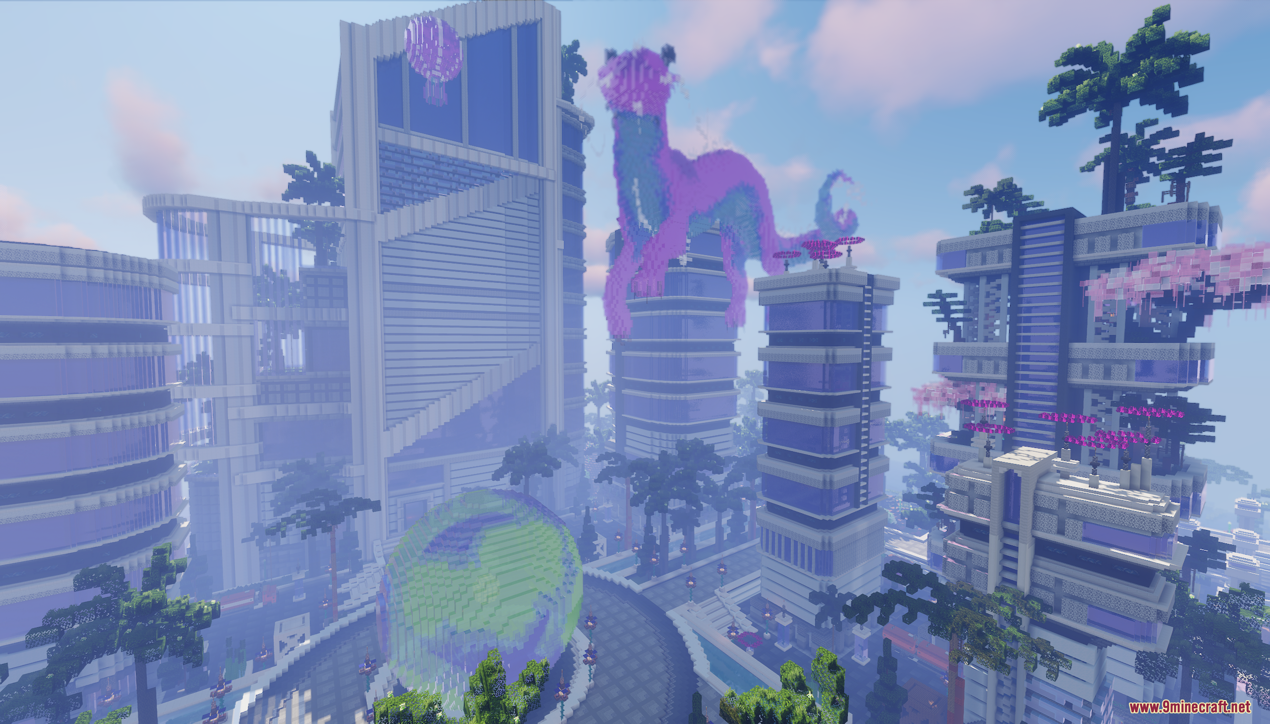 A futuristic Minecraft city with tall skyscrapers and a giant purple dragon