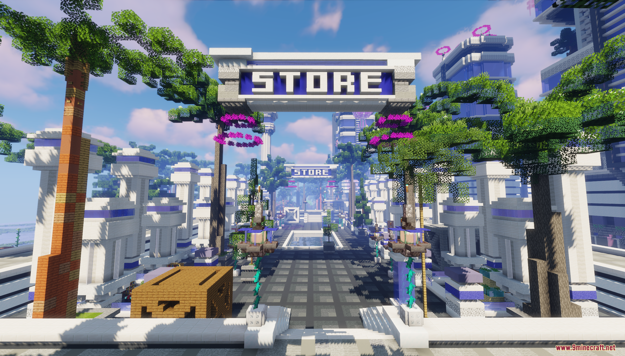 A modern Minecraft store entrance with palm trees and white architectural structures