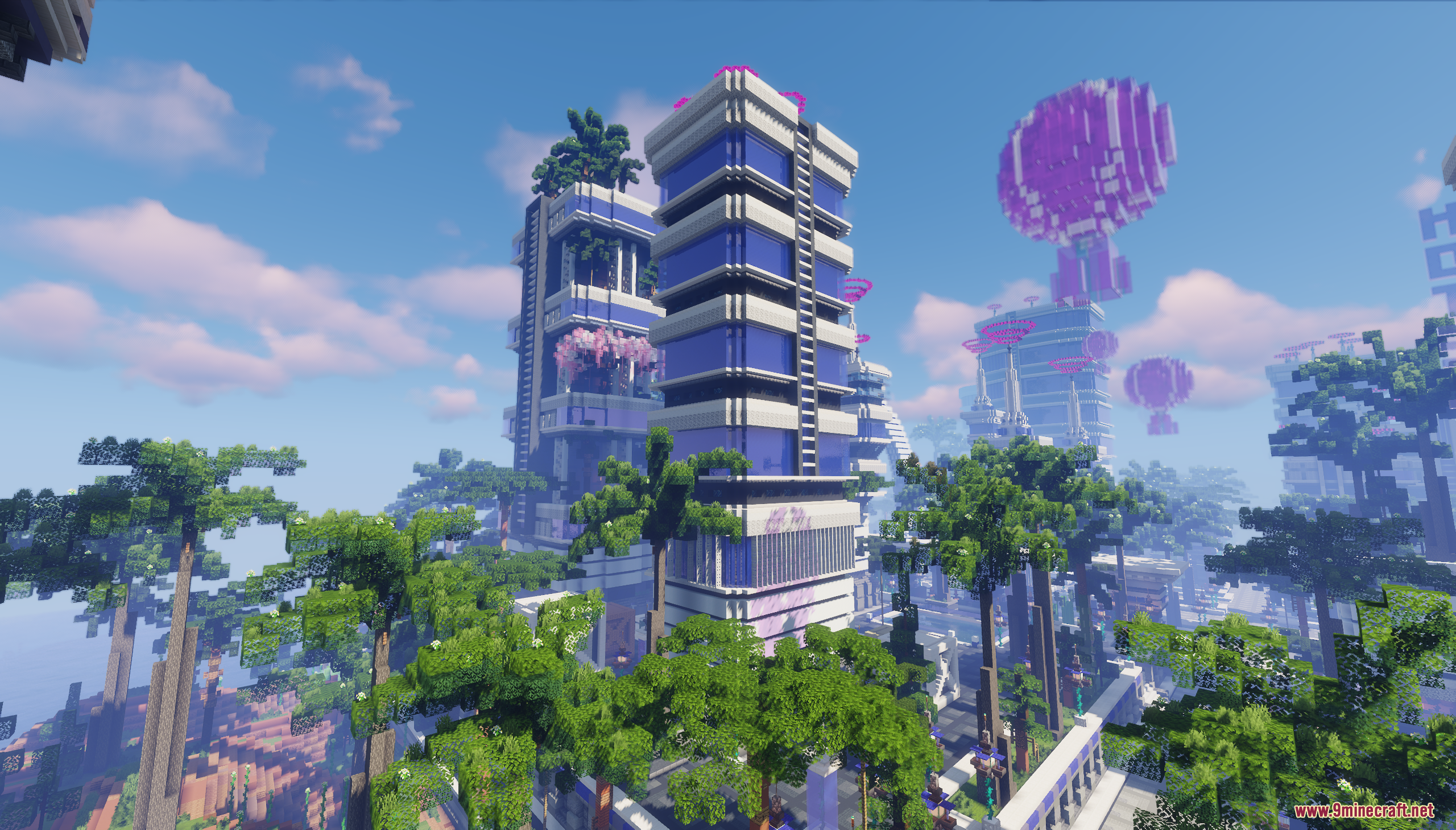 Modern Age Lobby Map featuring tall skyscrapers with blue glass and palm trees