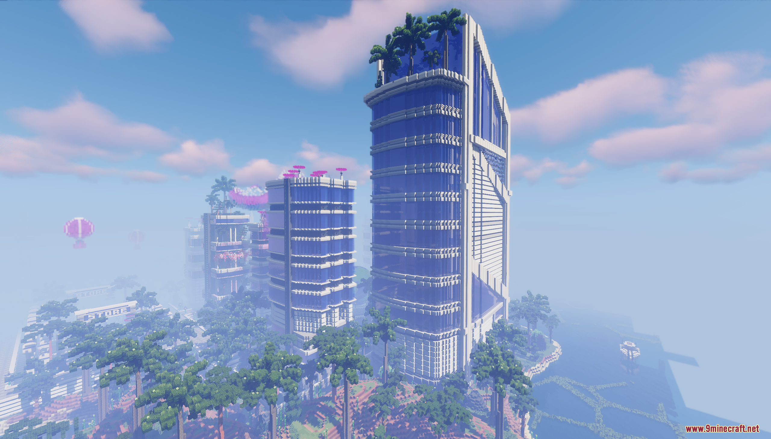 Futuristic city with tall glass buildings and rooftop gardens in a tropical biome