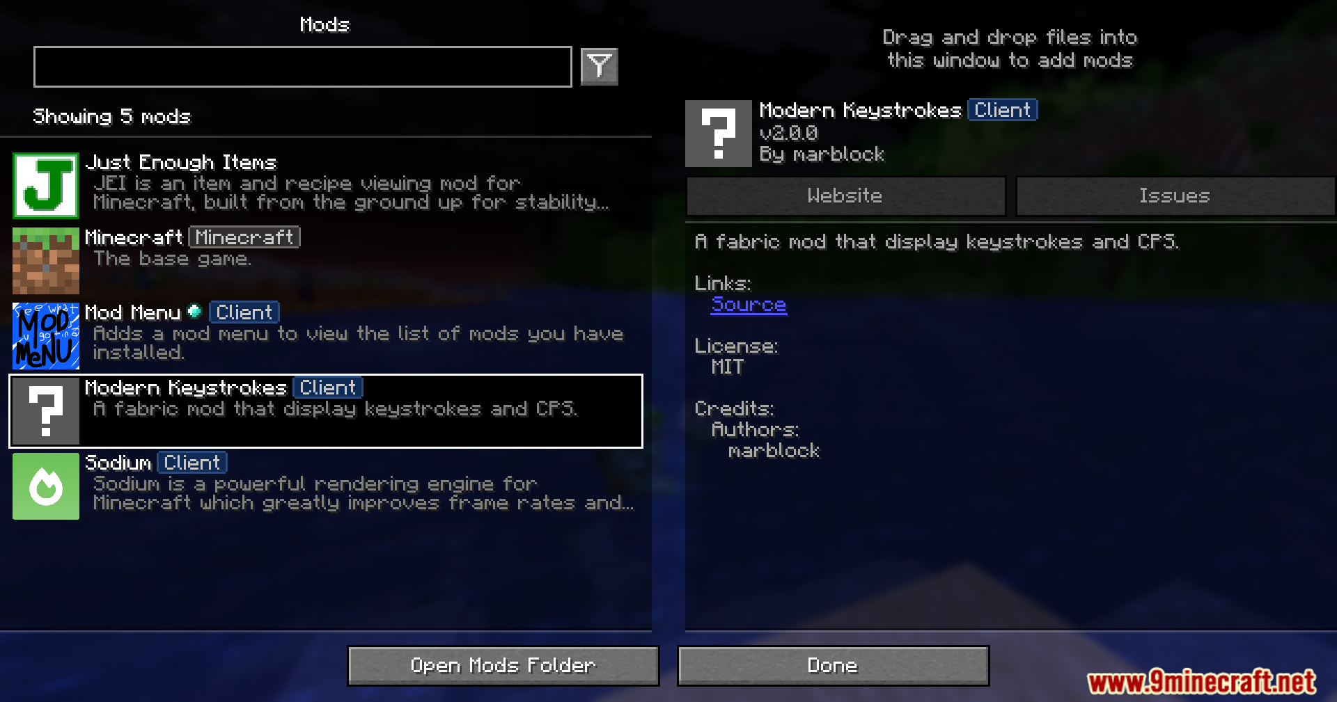 Modern Keystrokes Mod Screenshot 1 A Minecraft mod menu screen showing a list of installed game modifications