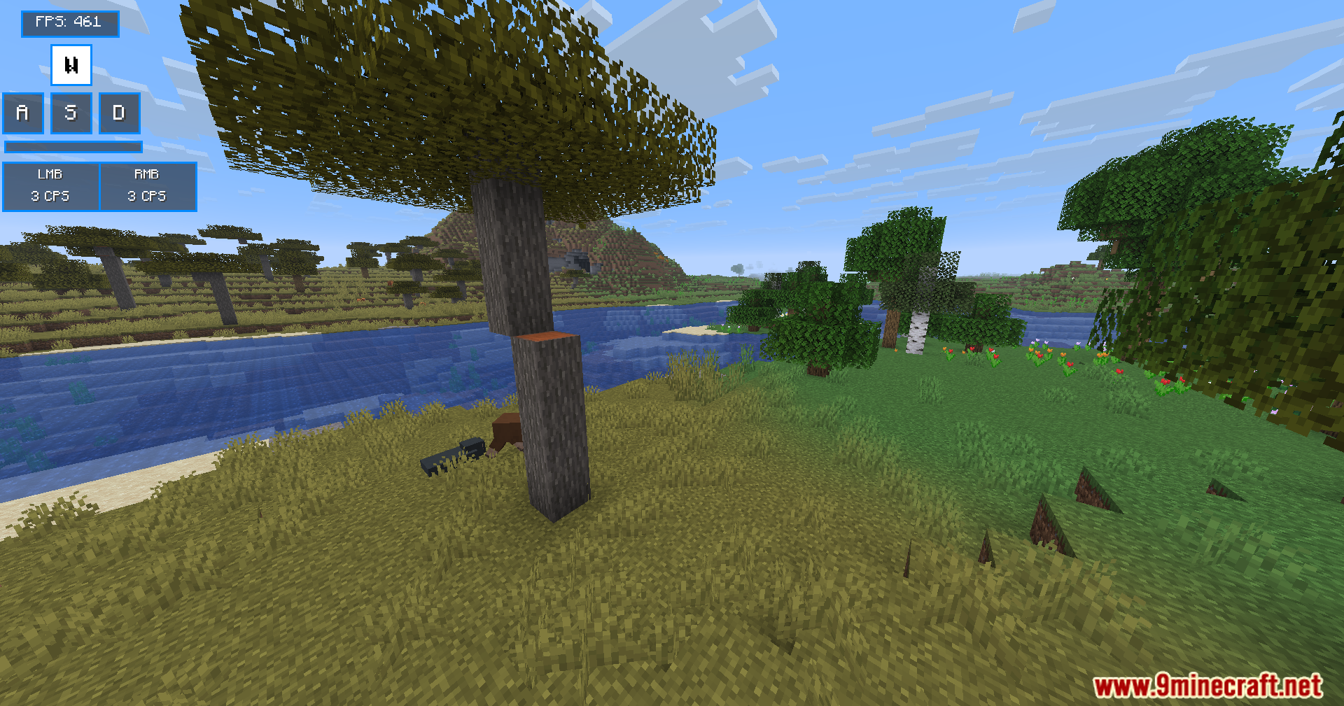 Modern Keystrokes Mod Screenshot 10 Acacia tree in a savanna biome with a keystrokes overlay visible