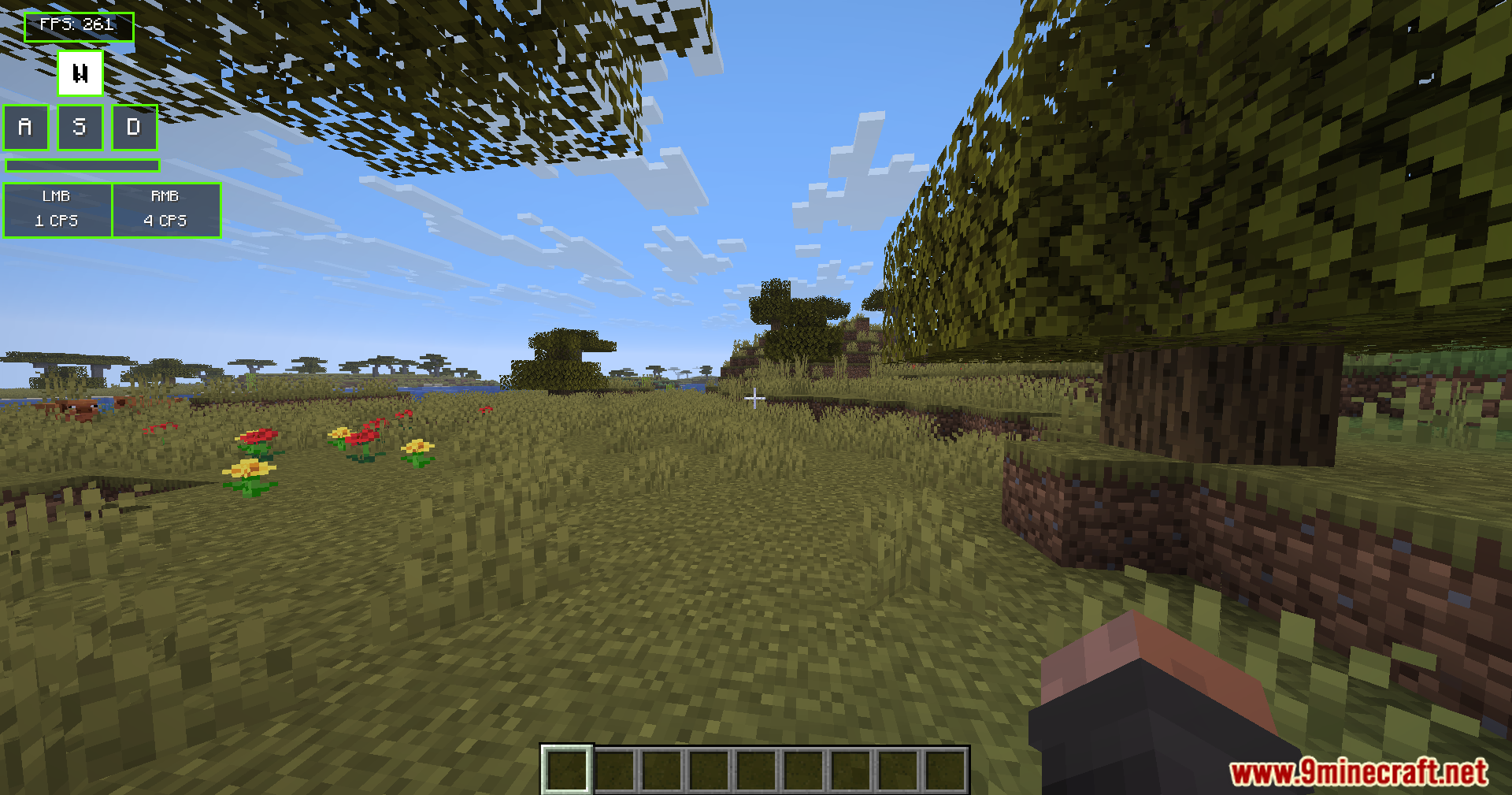 Modern Keystrokes Mod Screenshot 4 Green interface displaying frames per second and mouse clicks in a grassy field