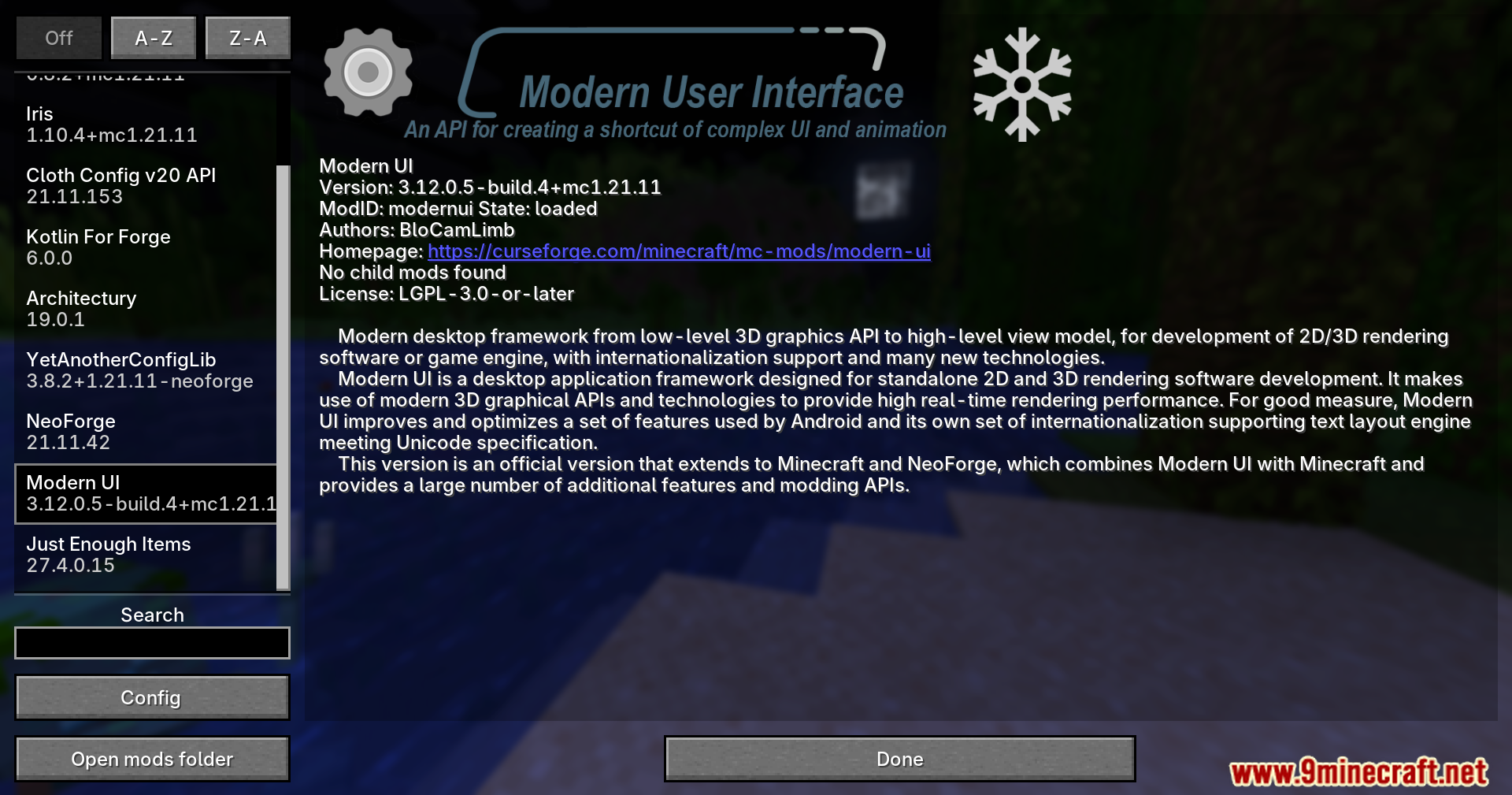 Modern UI Mvus Mod Screenshot 1 Minecraft main menu screen showing the game title and several navigation buttons