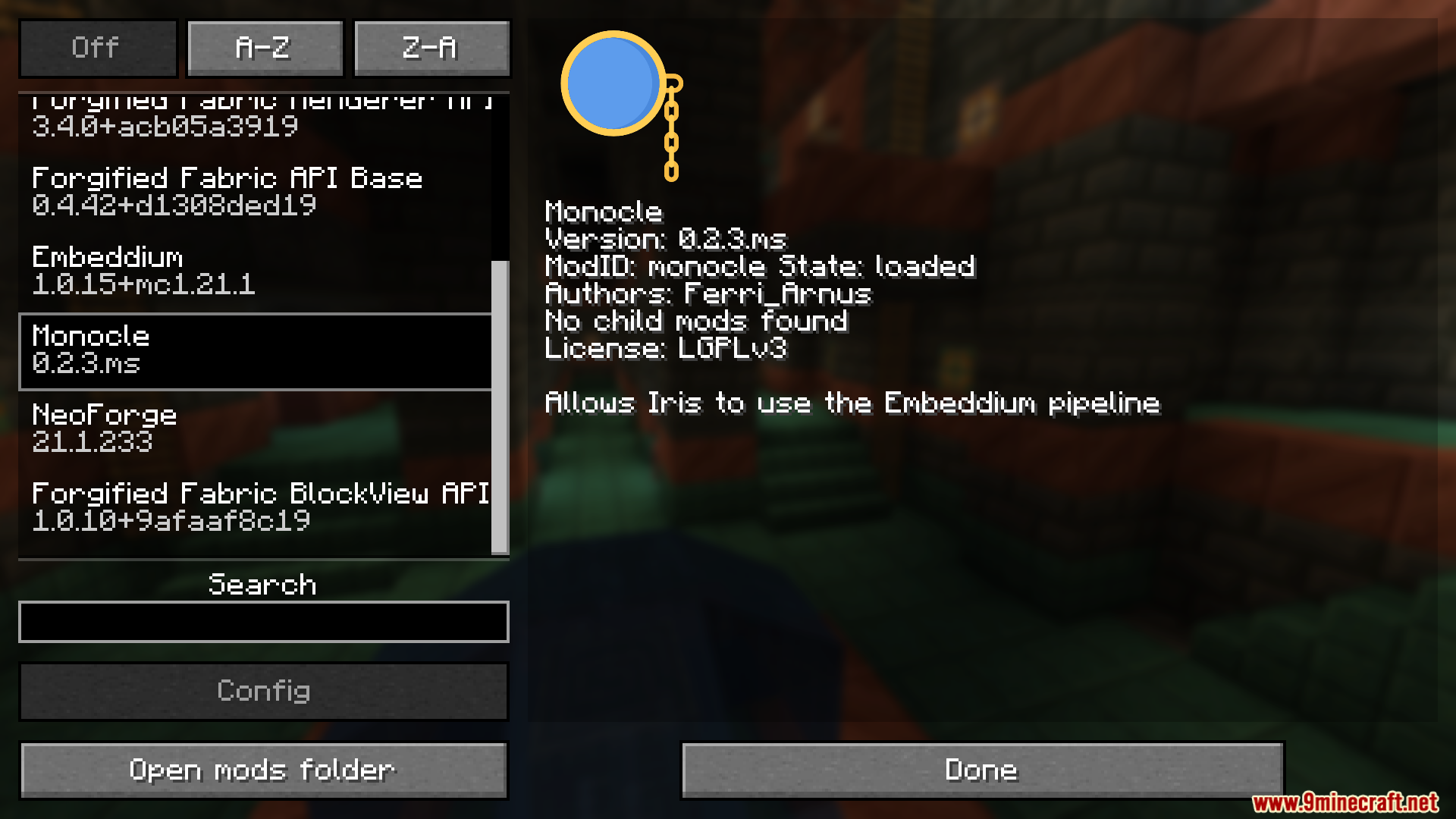 Monocle Mod Screenshot 1 The mod menu interface displaying information for the Monocle mod on NeoForge