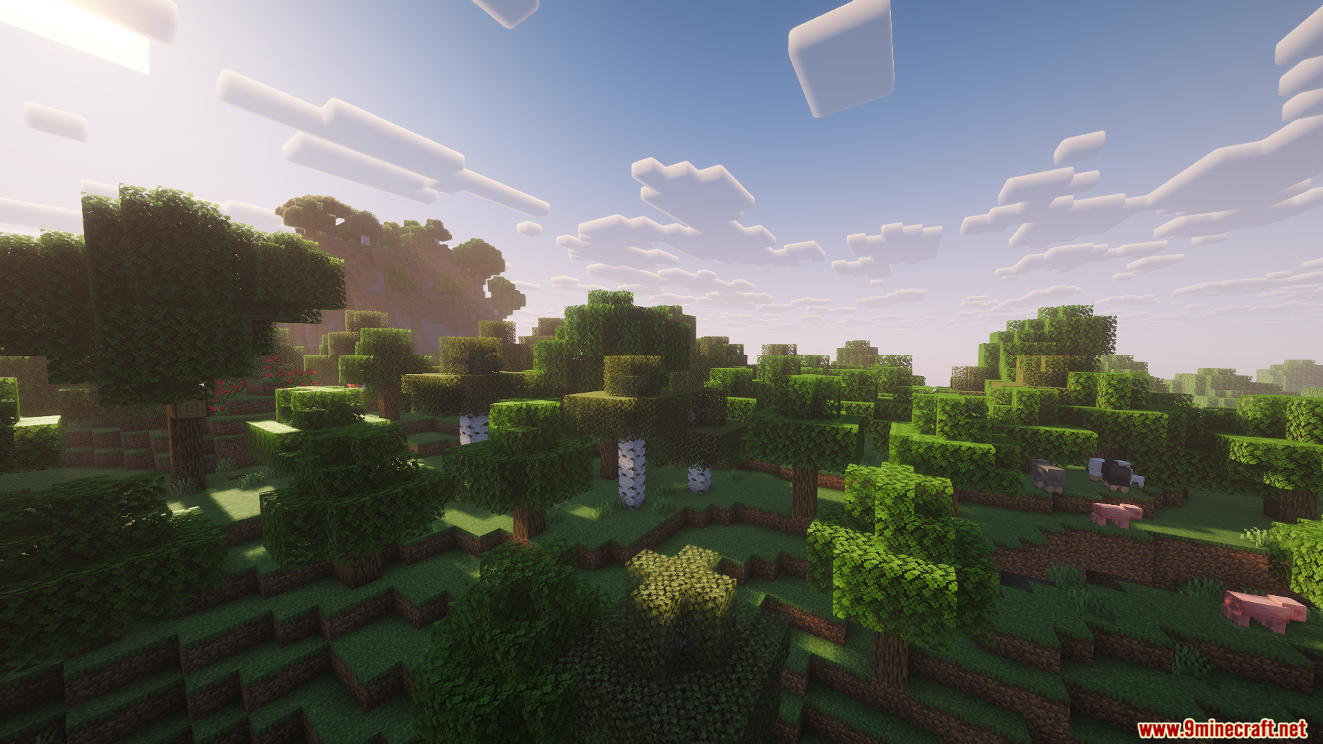Monocle Mod Screenshot 10 Sunlight shining through trees in a Minecraft forest with grazing farm animals