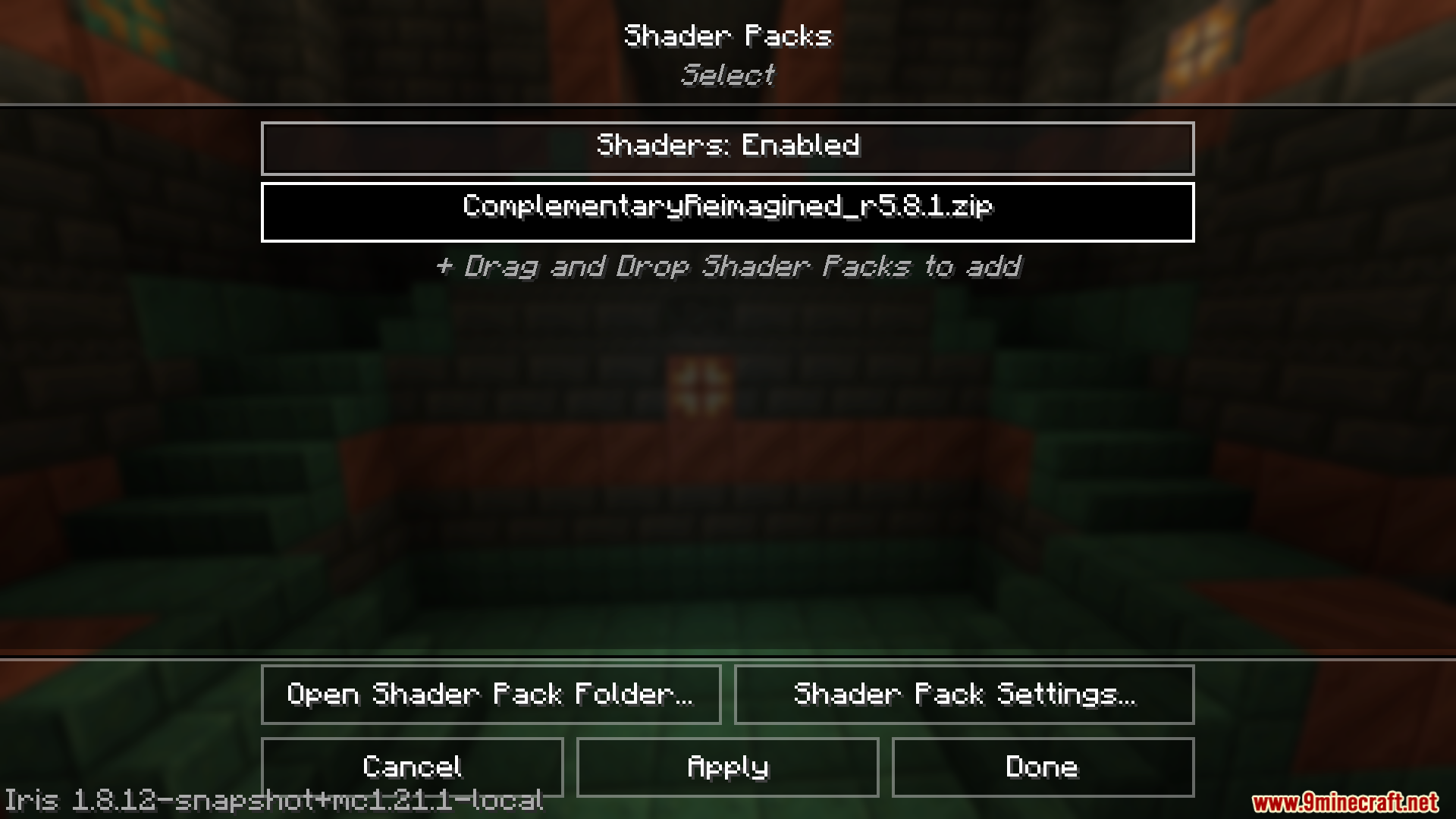 Monocle Mod Screenshot 2 The shader pack selection screen showing an enabled shader pack in Minecraft settings
