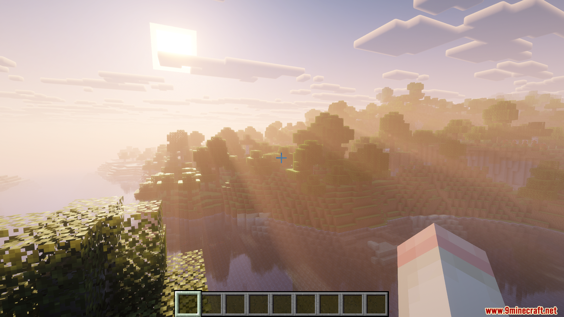 Monocle Mod Screenshot 3 A scenic Minecraft landscape with realistic lighting and shadows over a river