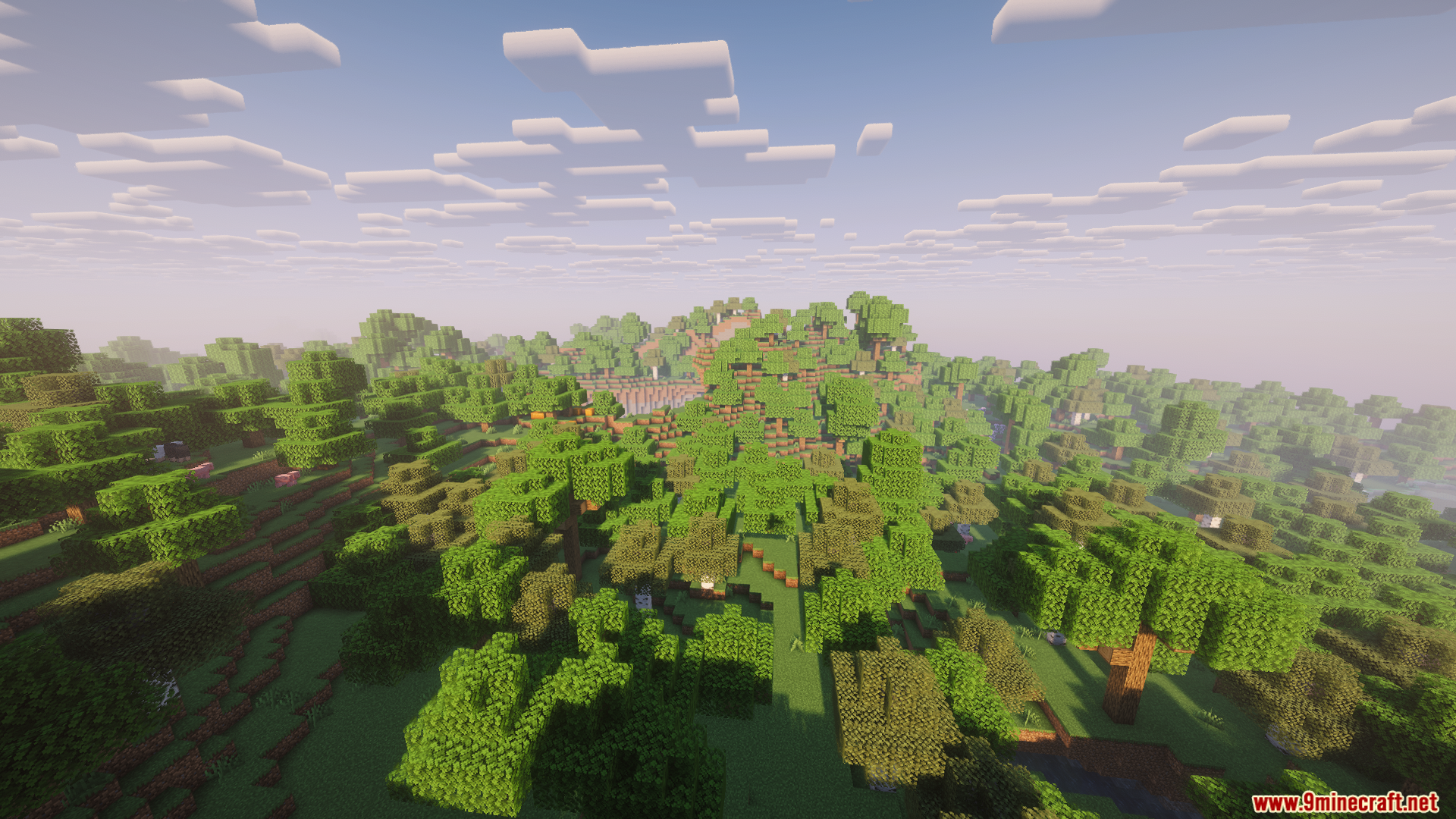 Monocle Mod Screenshot 9 A vast Minecraft forest landscape with realistic lighting and soft shader shadows