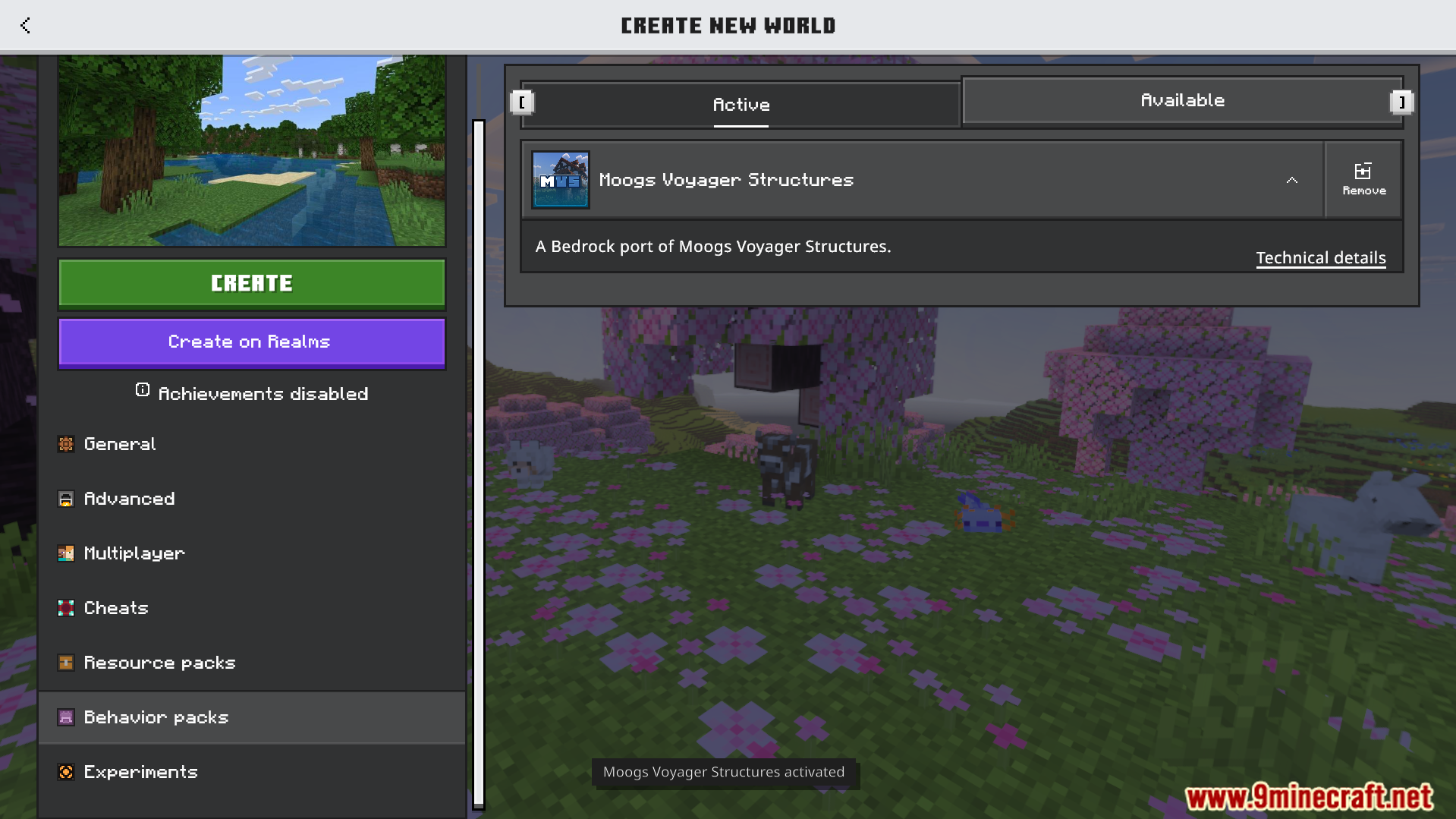 Moogs Voyager Structures Addon Screenshot 1 Minecraft world creation menu with Moogs Voyager Structures behavior pack activated