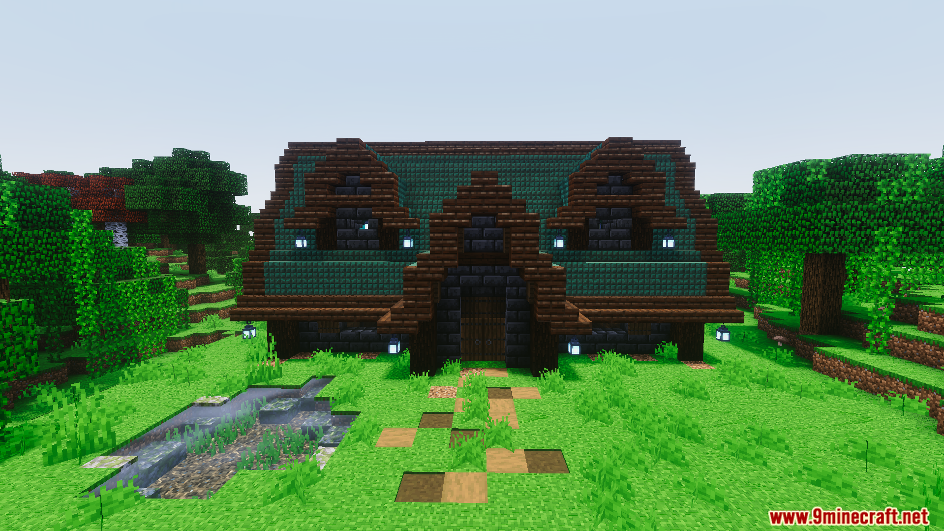 Moogs Voyager Structures Addon Screenshot 10 A large house with dark stone walls and a green roof in Minecraft