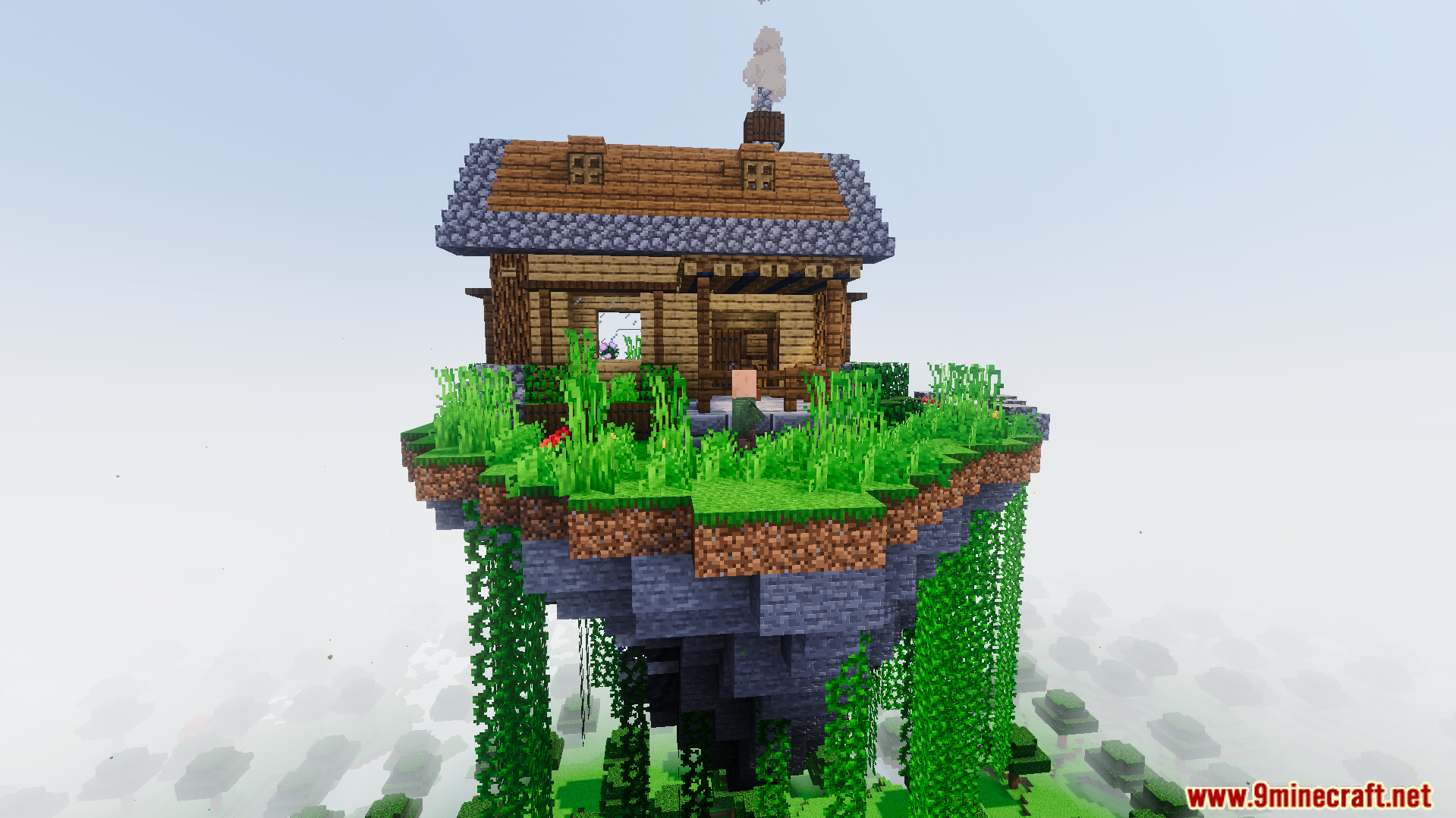 Moogs Voyager Structures Addon Screenshot 3 A cozy wooden house on a floating island with a villager and vines