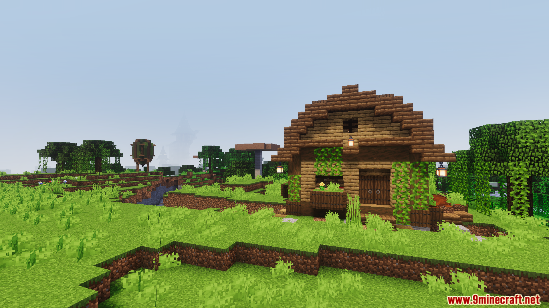 Moogs Voyager Structures Addon Screenshot 5 Moogs Voyager Structures Addon features a cozy wooden house with hanging lanterns