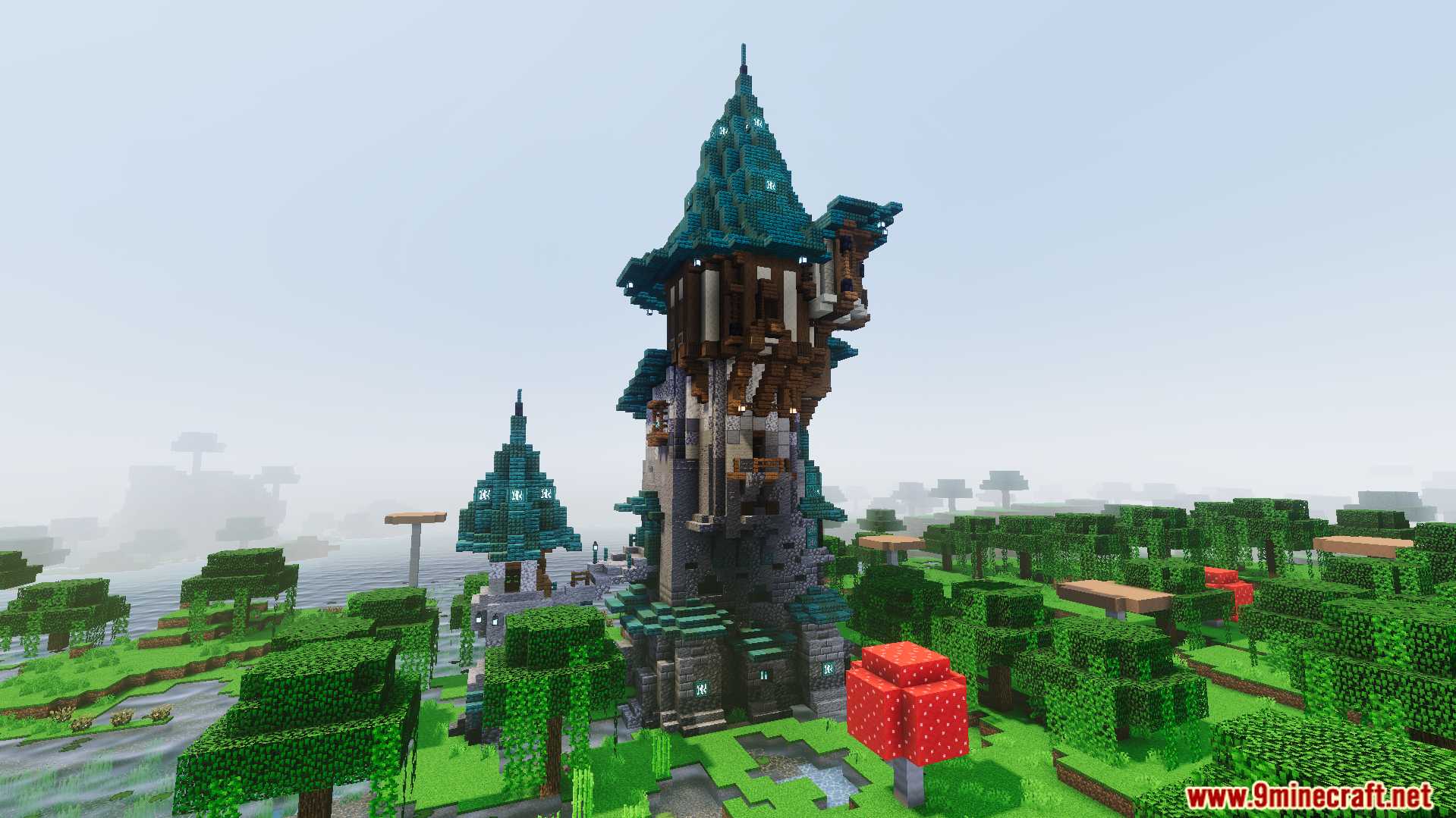 Moogs Voyager Structures Addon Screenshot 6 A tall stone tower with a teal roof standing in a forest