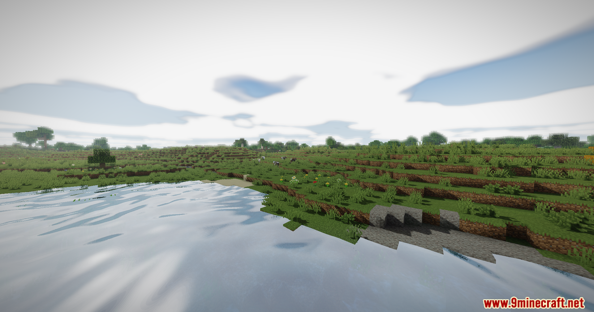 A grassy shoreline in Minecraft featuring clear water reflections and better skies