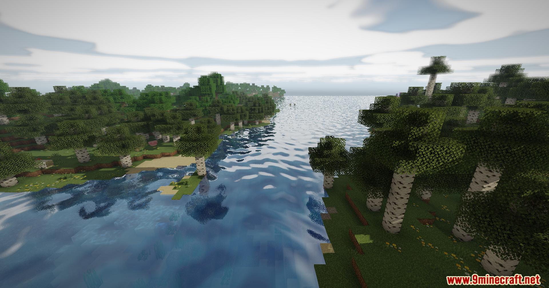 Birch trees line a river with realistic water reflections and soft lighting