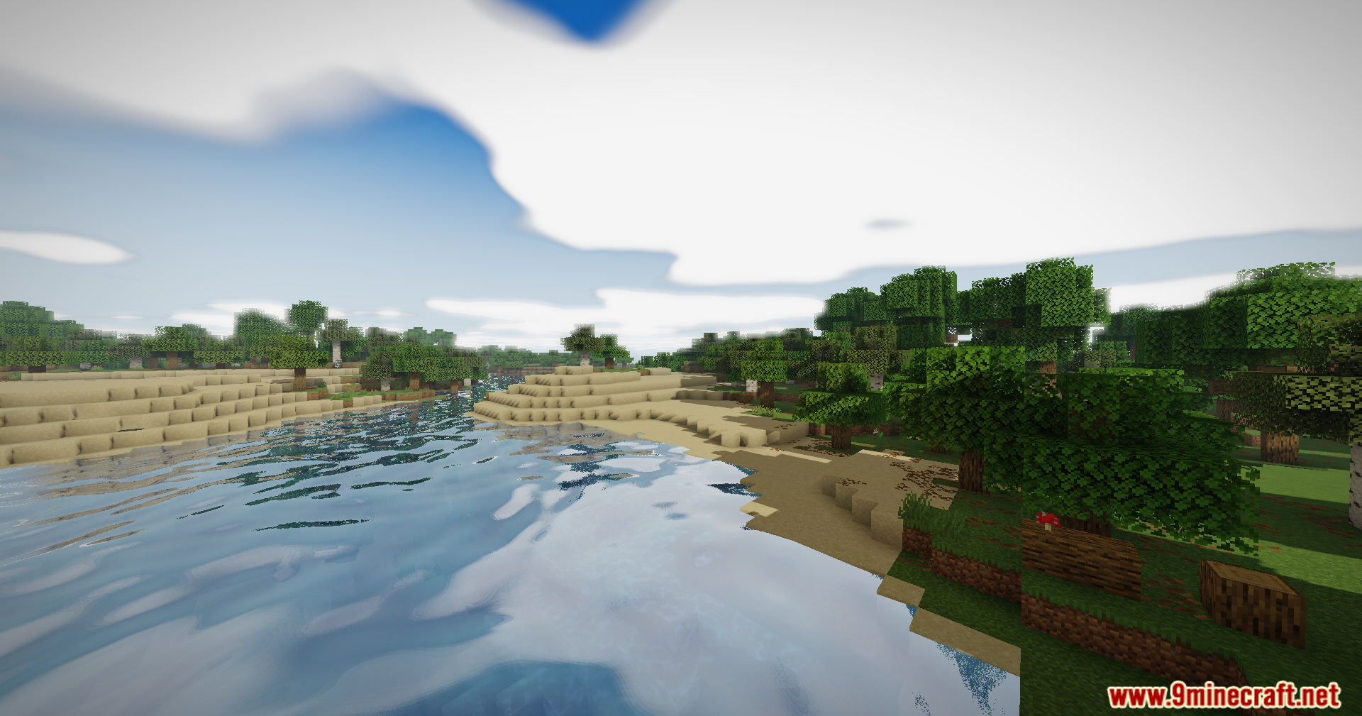 A sandy riverbank with clear water reflections under a bright cloudy sky
