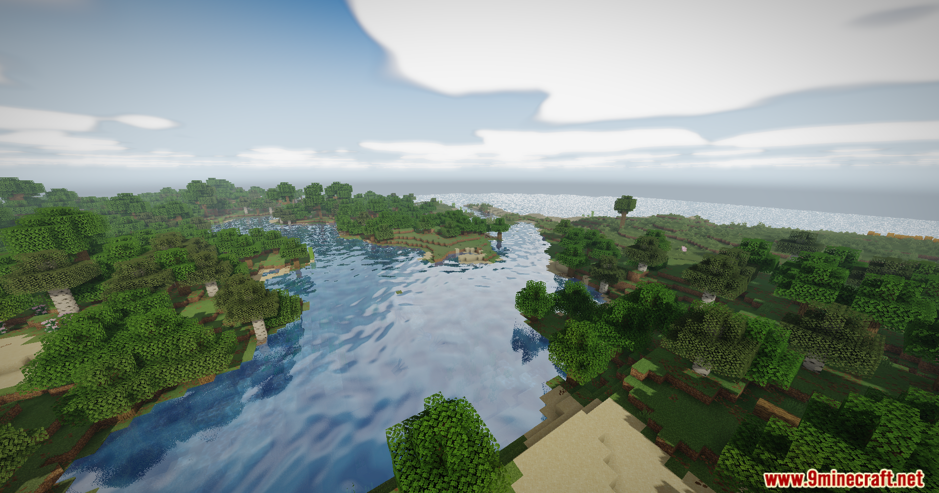 A scenic landscape view of a river with realistic reflections from Moon Shaders