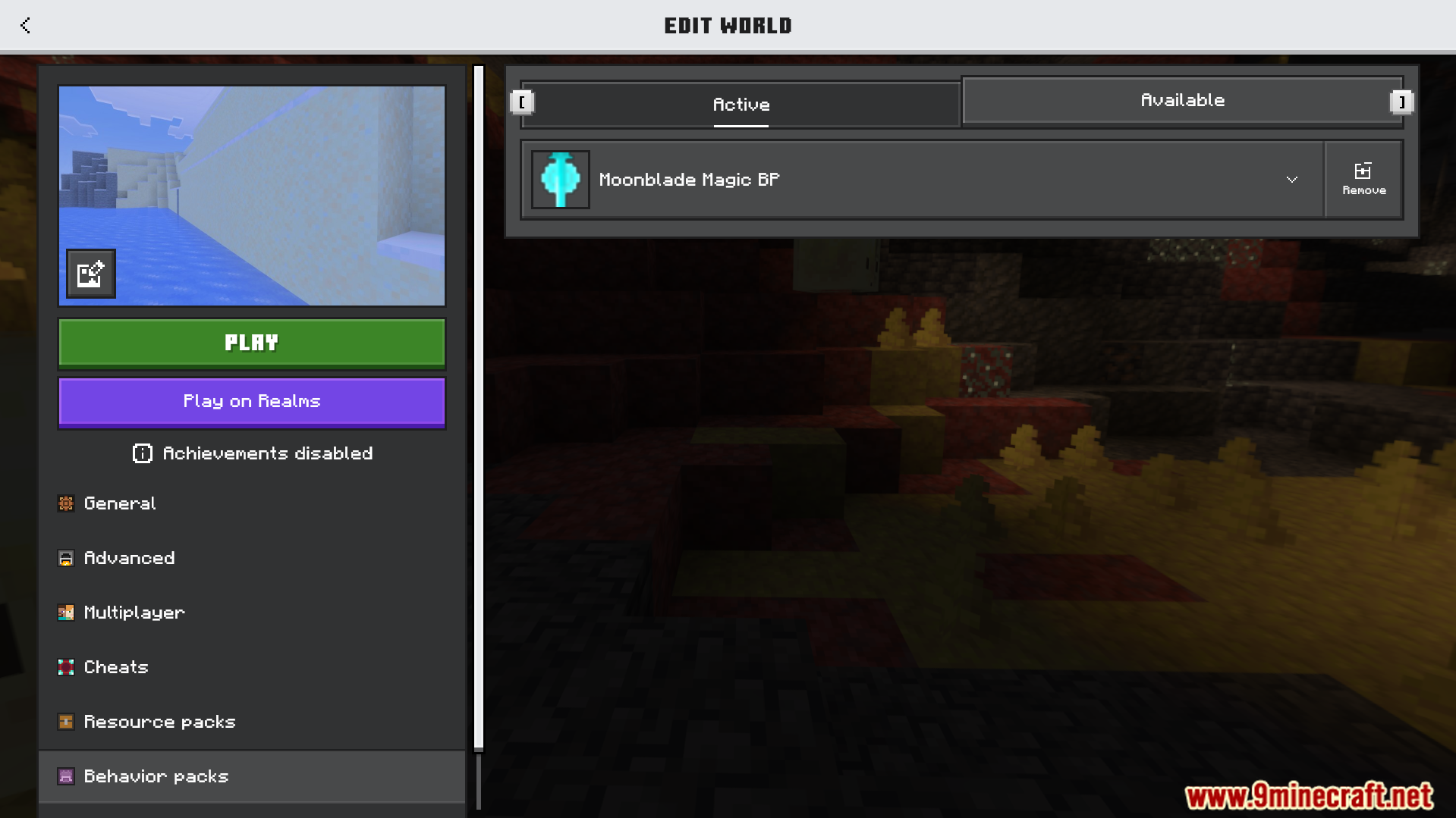 Minecraft world settings menu showing the active Moonblade Magic behavior pack