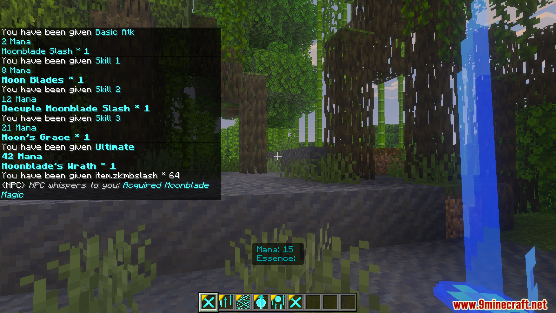 Interface showing acquired magic skills and mana essence for the Moonblade Magic Addon