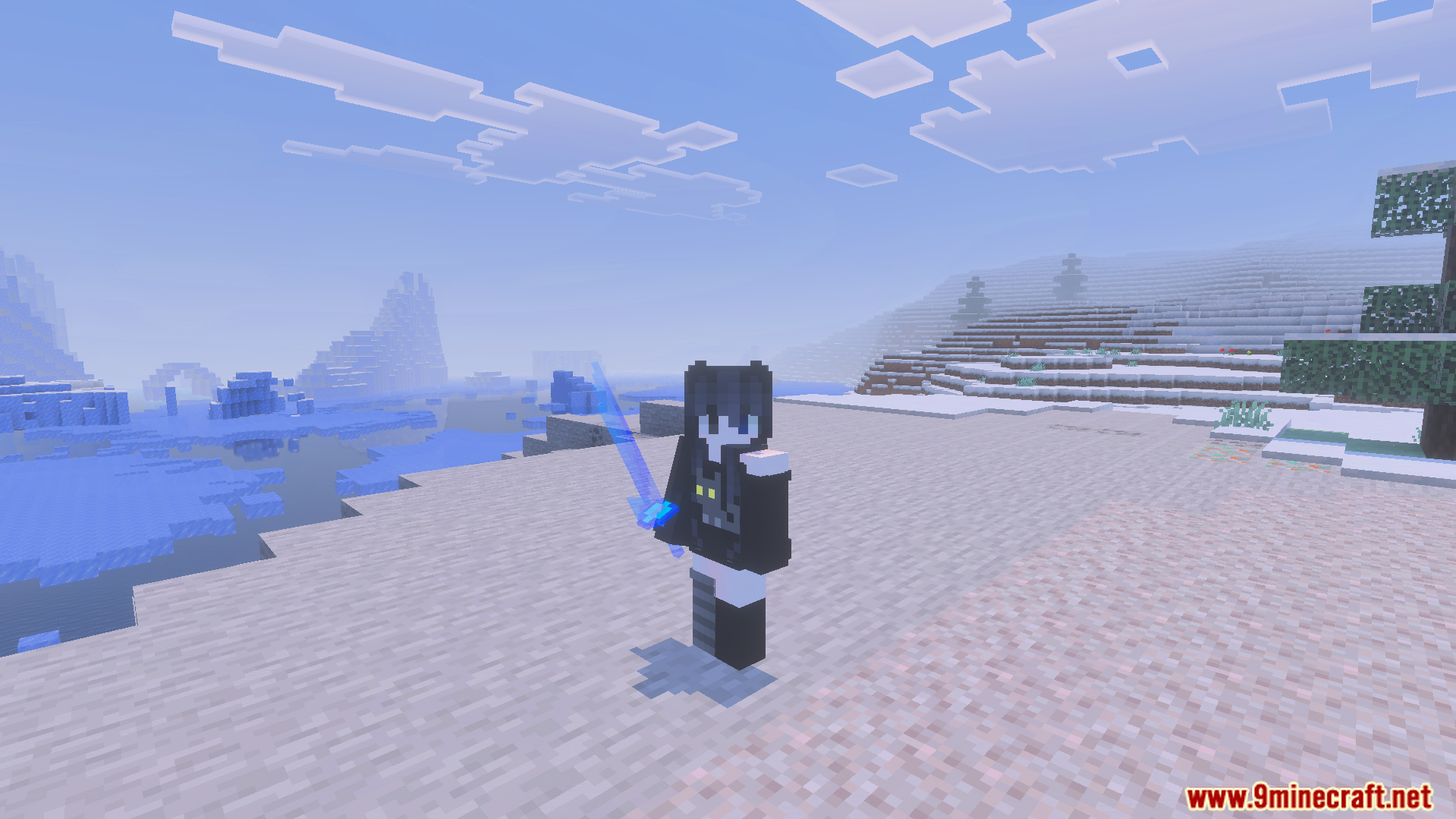 Player character wielding a glowing blue sword from the Moonblade Magic Addon