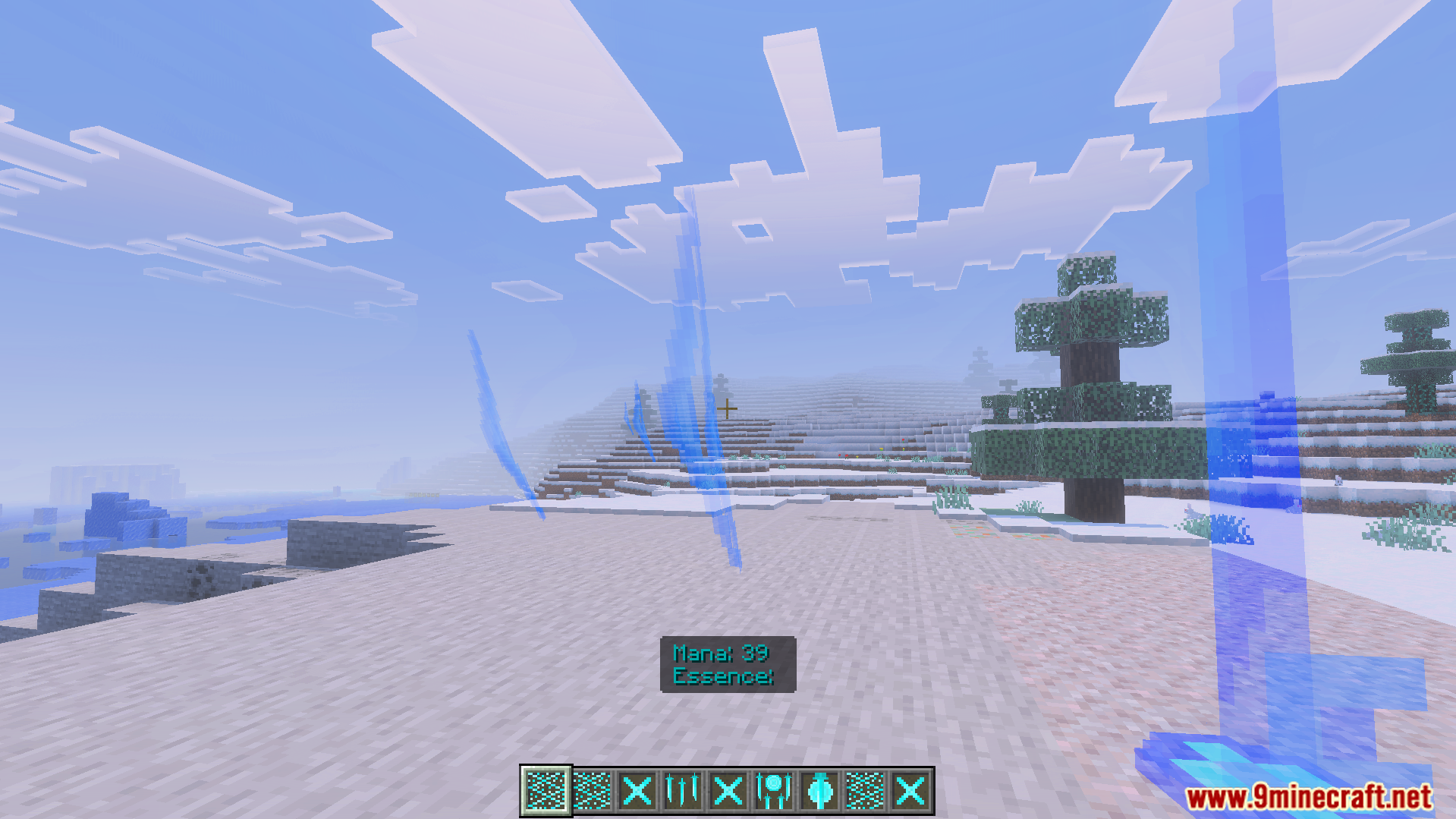 First person view showing magic slashes and custom skill icons in the hotbar
