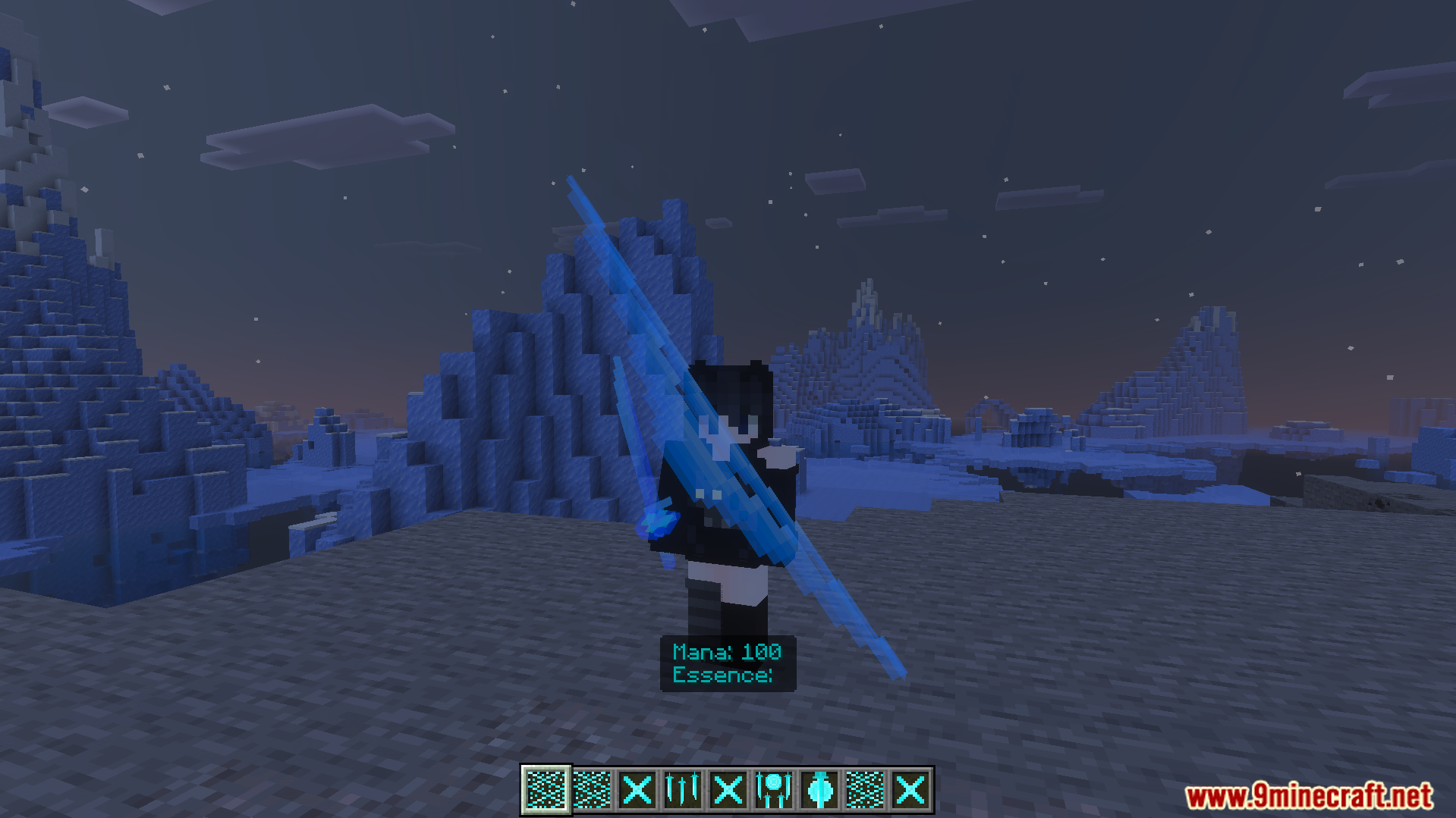 Player wielding large blue magical blades with custom mana and essence bars