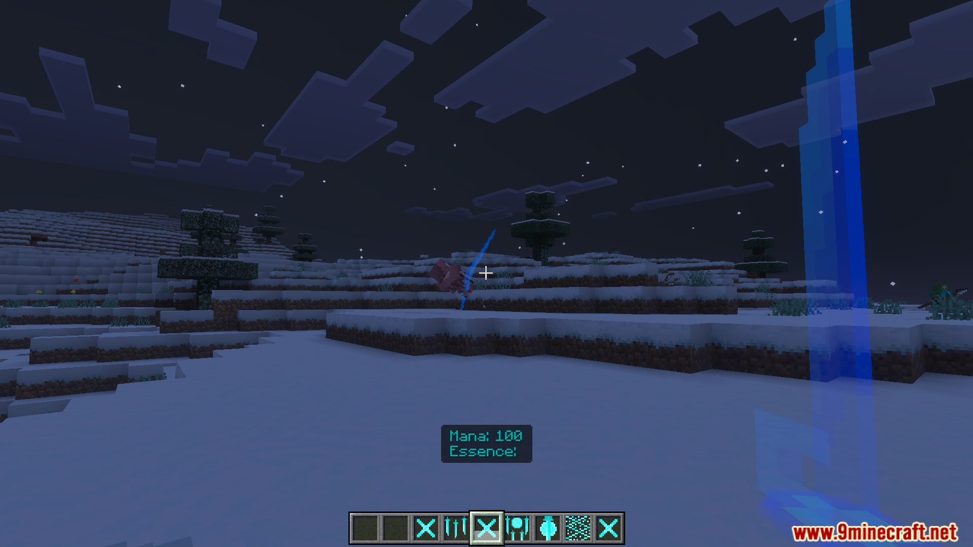 Casting a blue magical slash at a pig in a snowy biome