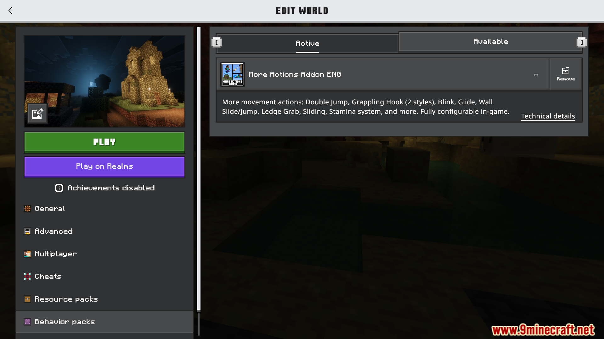 More Actions Addon Screenshot 1 Edit world screen showing the More Actions Addon active in behavior packs