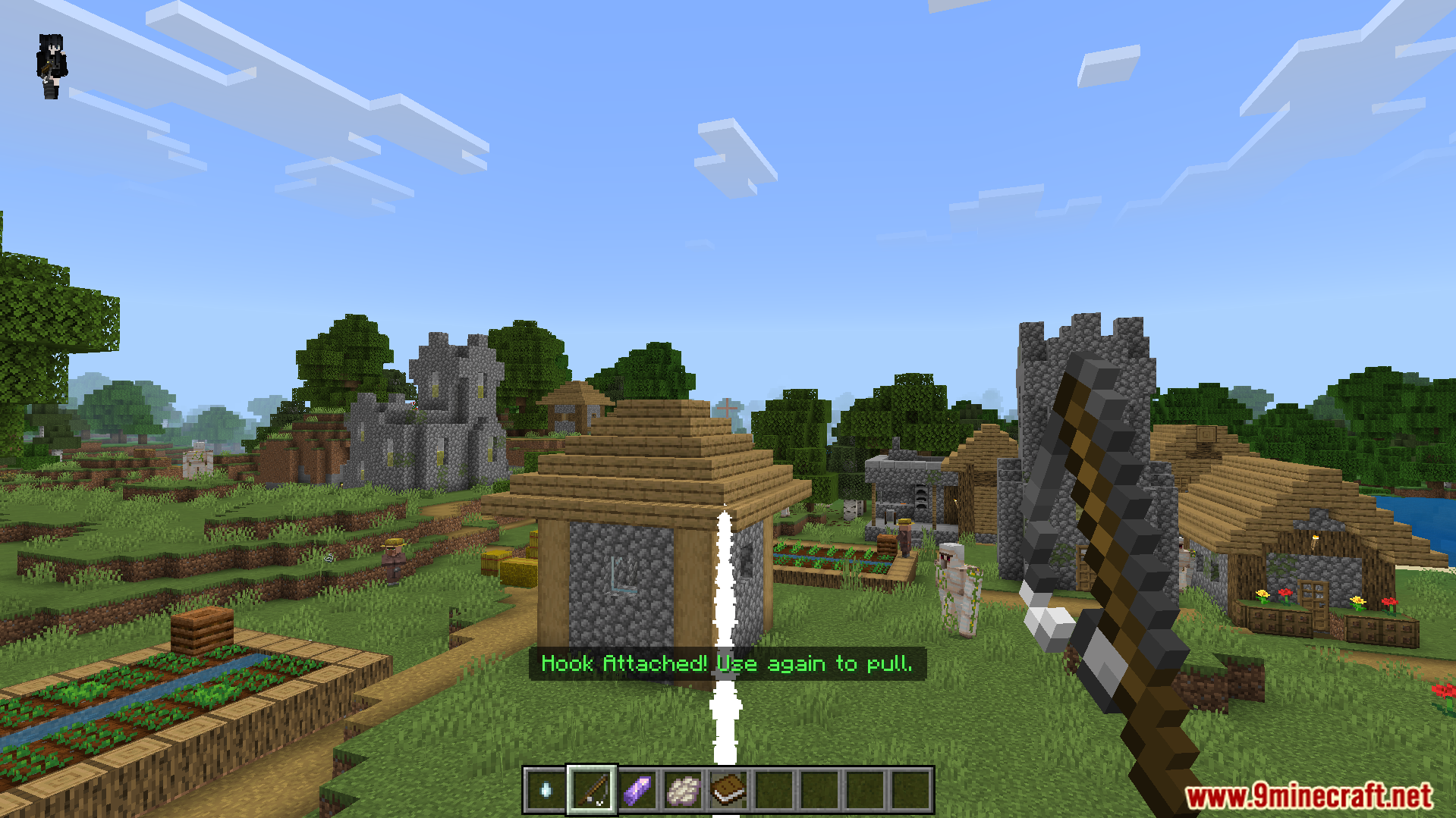 More Actions Addon Screenshot 8 Player attaches a grappling hook to a village house to pull themselves forward