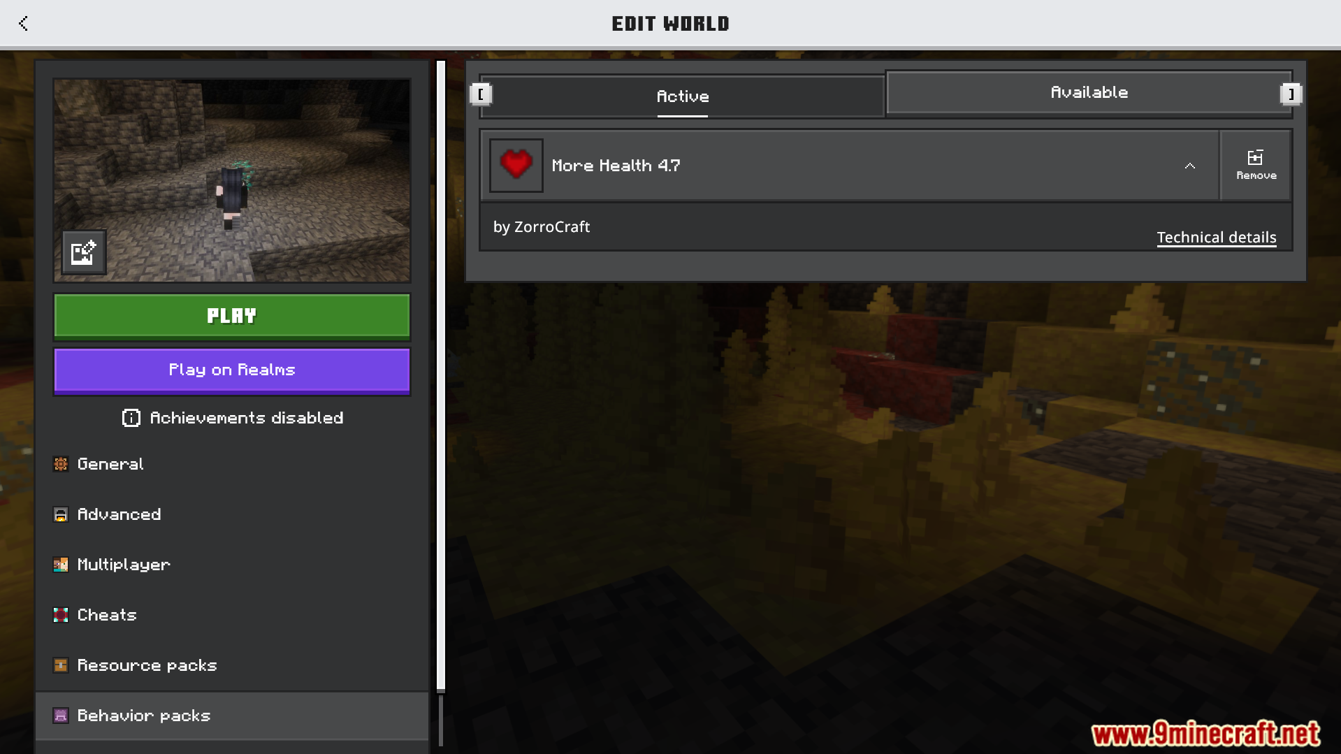 More Health Addon Screenshot 1 Minecraft world settings screen displaying the activated More Health behavior pack