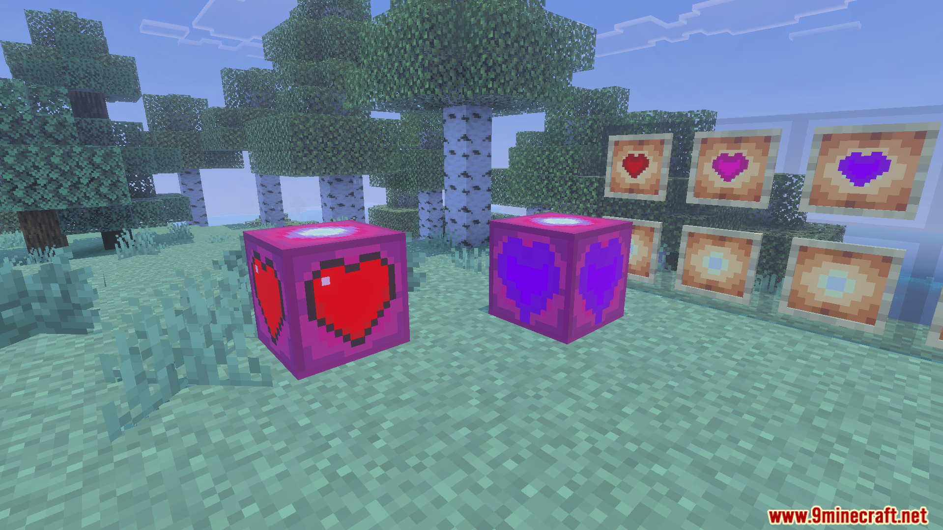 More Health Addon Screenshot 3 More Health Addon blocks and item frames displaying various colored heart items