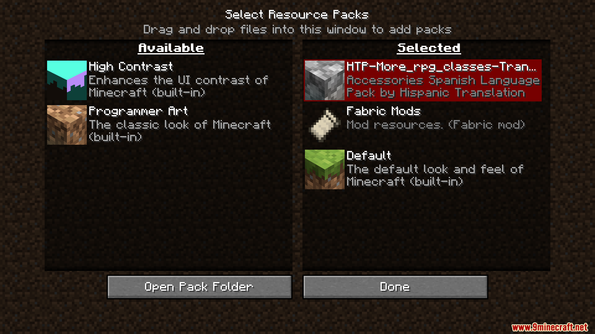More RPG Classes Spanish Translation Resource Pack Screenshot 1 Selecting the Spanish translation resource pack in the Minecraft menu screen