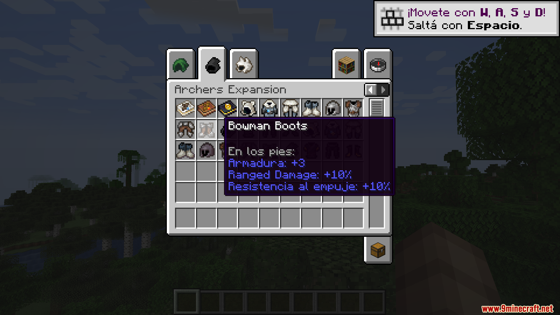 More RPG Classes Spanish Translation Resource Pack Screenshot 2 Spanish item descriptions for archer equipment displayed in the inventory tab