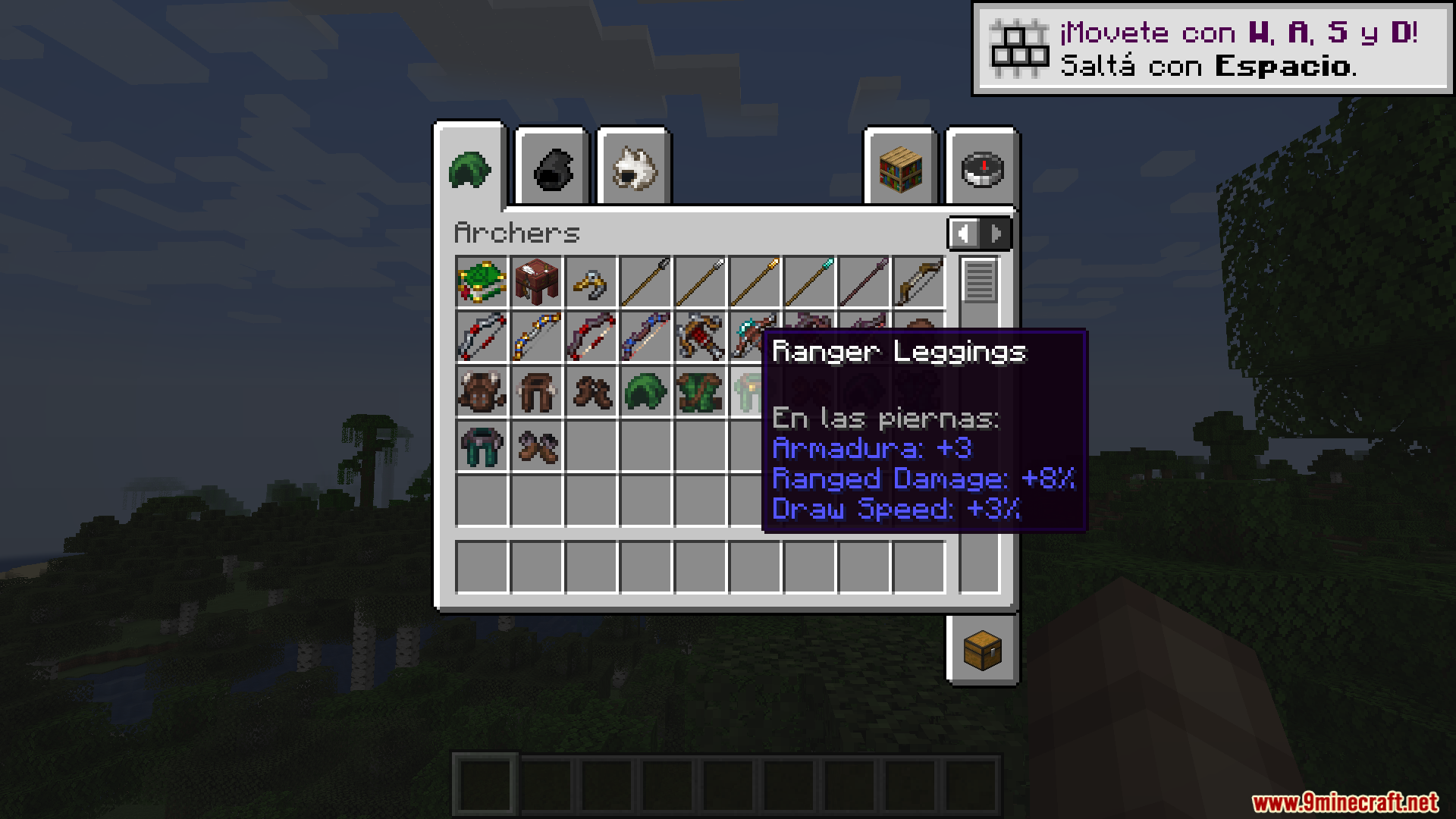 More RPG Classes Spanish Translation Resource Pack Screenshot 3 Minecraft inventory menu displaying Ranger Leggings with Spanish item descriptions and stats