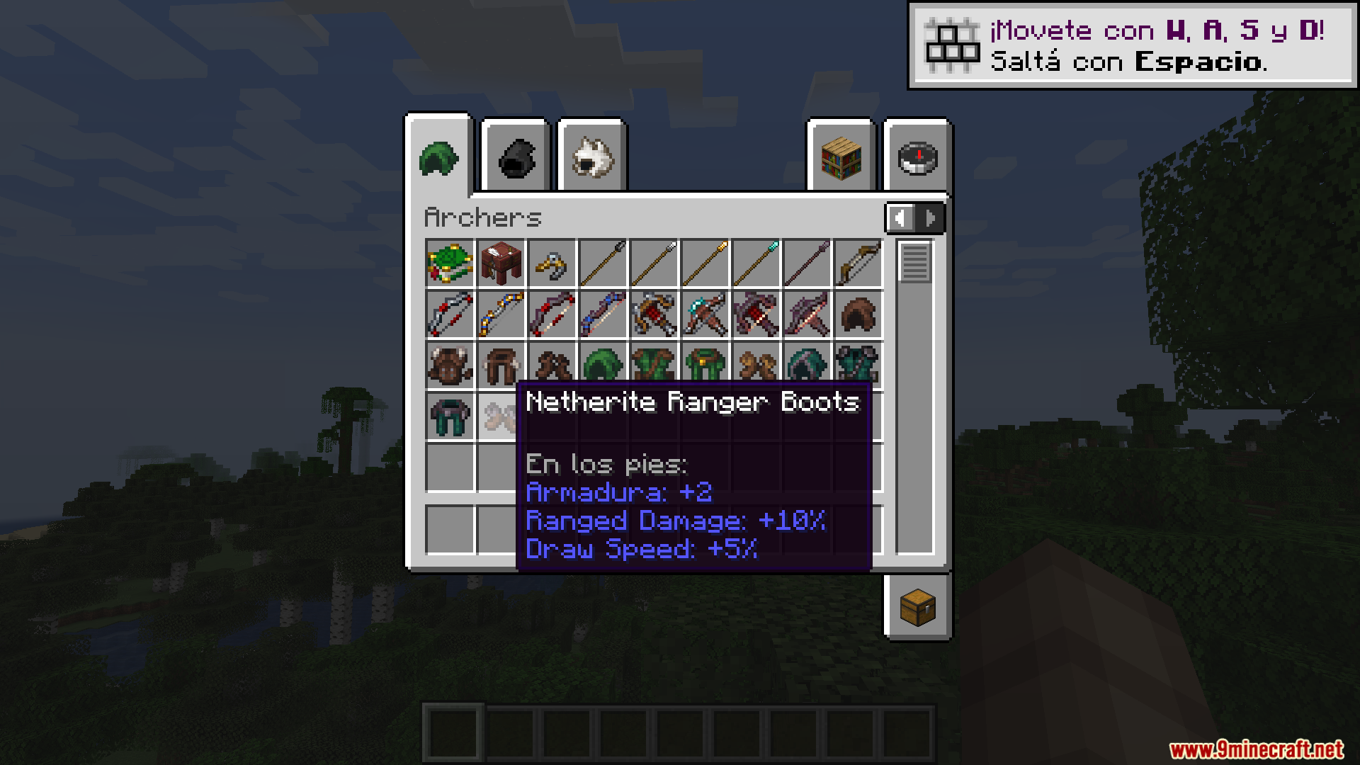 More RPG Classes Spanish Translation Resource Pack Screenshot 4 Minecraft inventory menu displaying Netherite Ranger Boots with Spanish item descriptions and stats