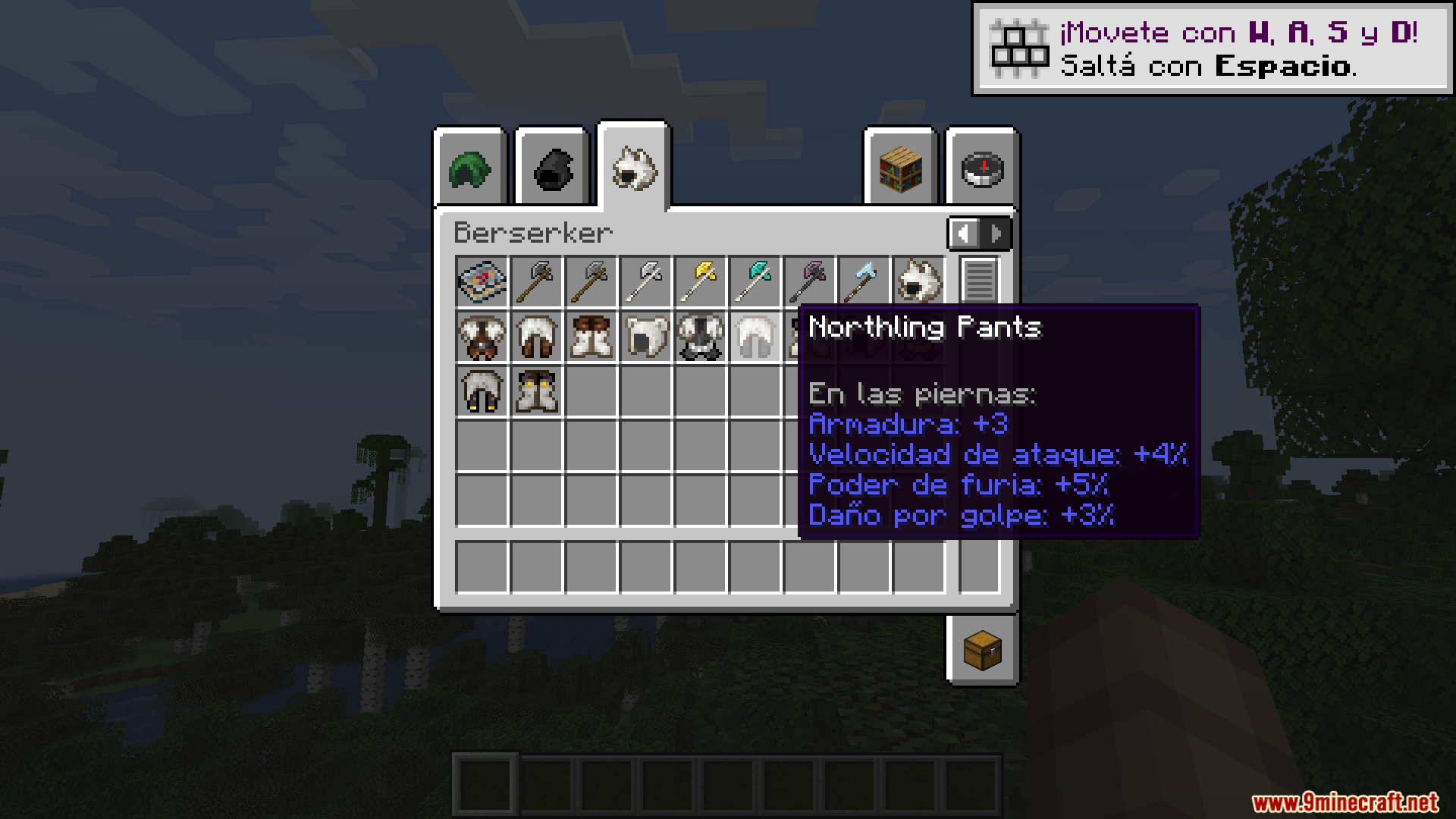 More RPG Classes Spanish Translation Resource Pack Screenshot 5 Inventory menu displaying various RPG items with Spanish tooltips for the Berserker class