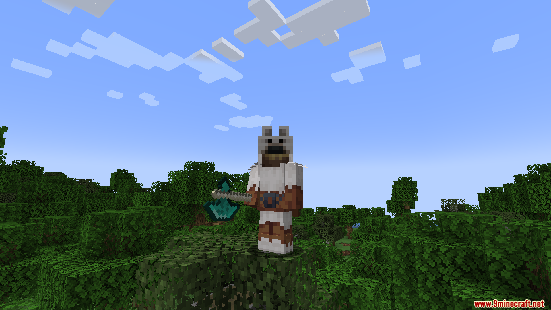 More RPG Classes Spanish Translation Resource Pack Screenshot 6 Player wearing white fur armor and holding a diamond axe in a forest