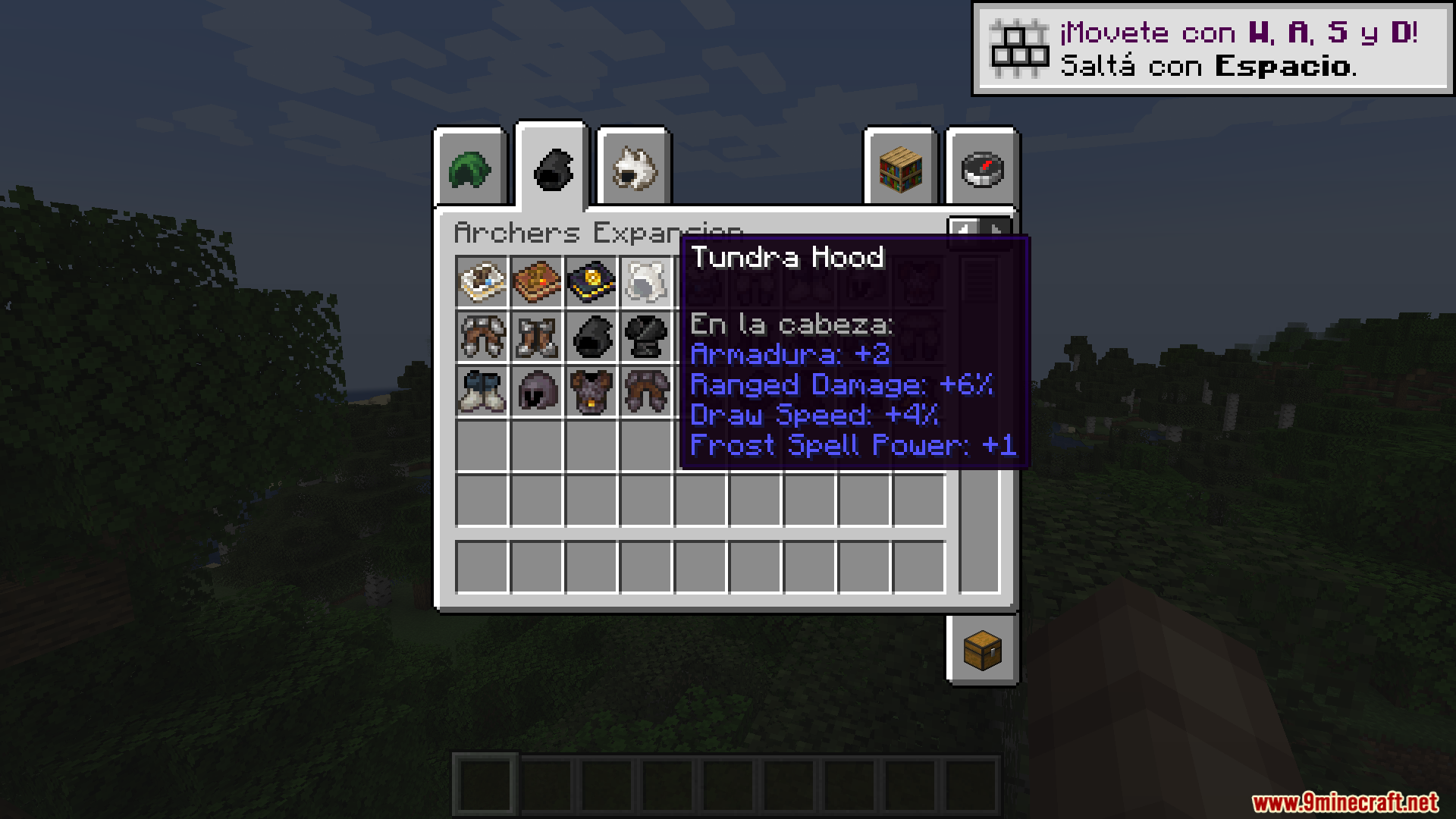 More RPG Classes Spanish Translation Resource Pack Screenshot 7 Minecraft inventory screen displaying Tundra Hood stats in the Spanish language
