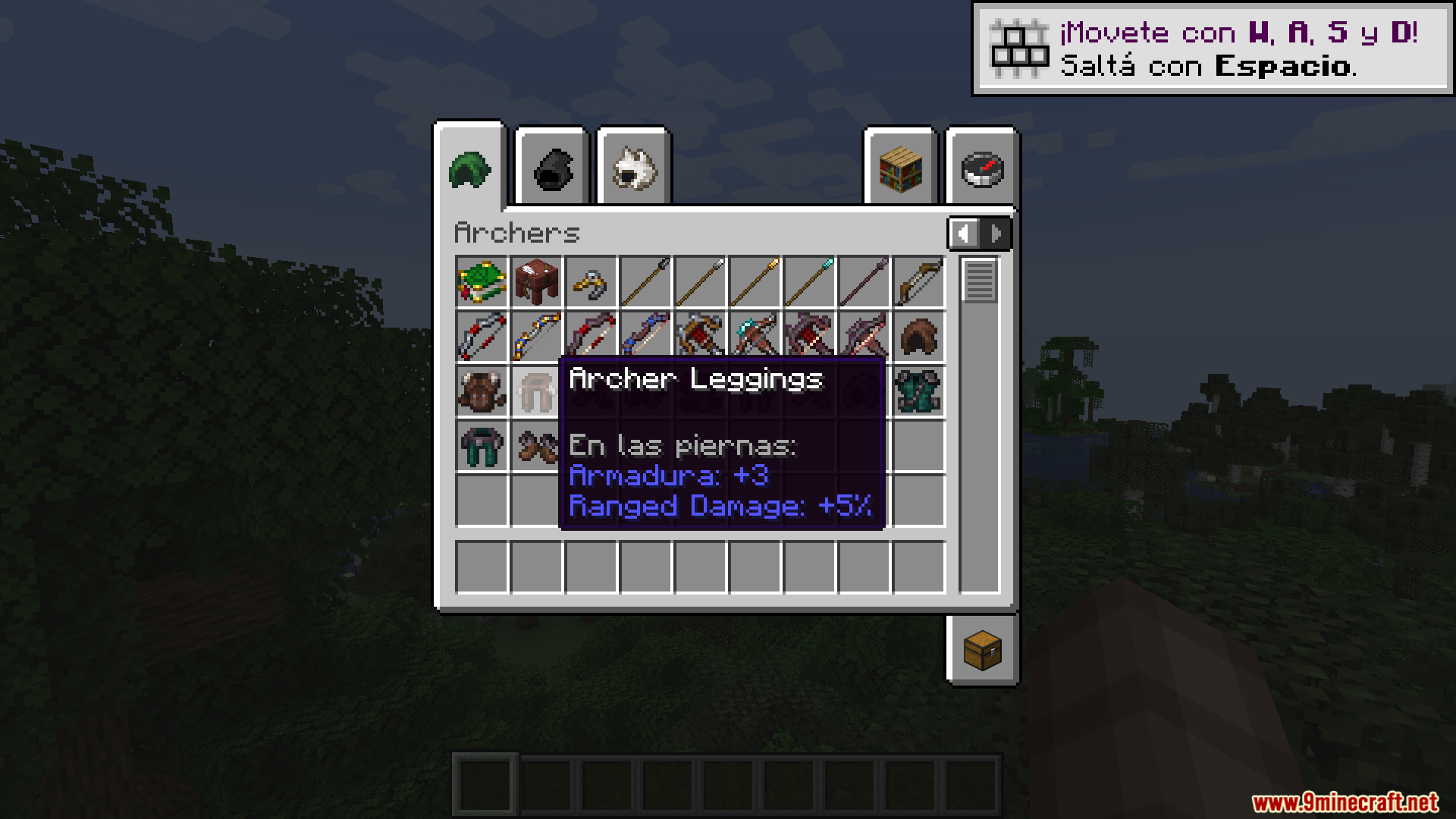 More RPG Classes Spanish Translation Resource Pack Screenshot 8 Archer Leggings item stats shown in Spanish within the Minecraft inventory menu