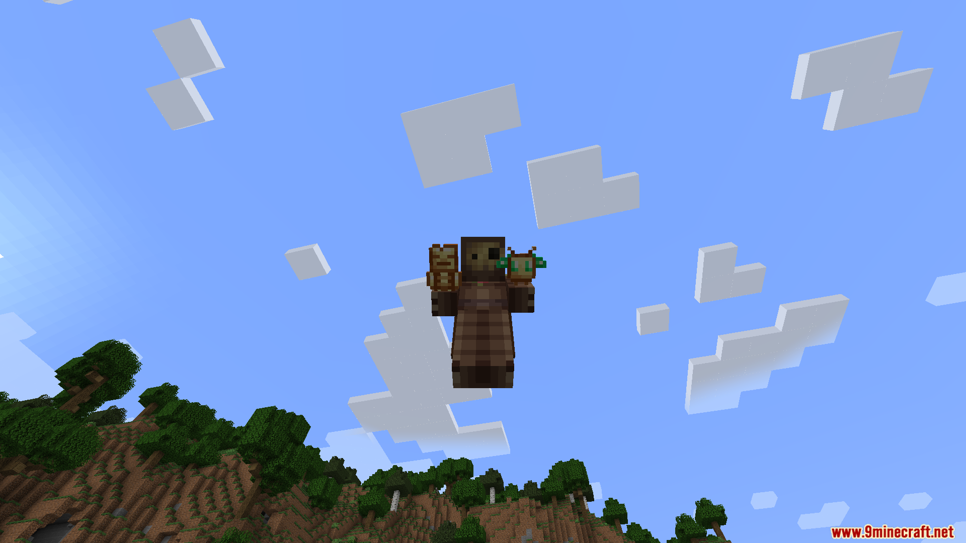 More Totems of Undying PT BR Translation Resource Pack Screenshot 7 A Minecraft player flying in the sky holding two different custom totems