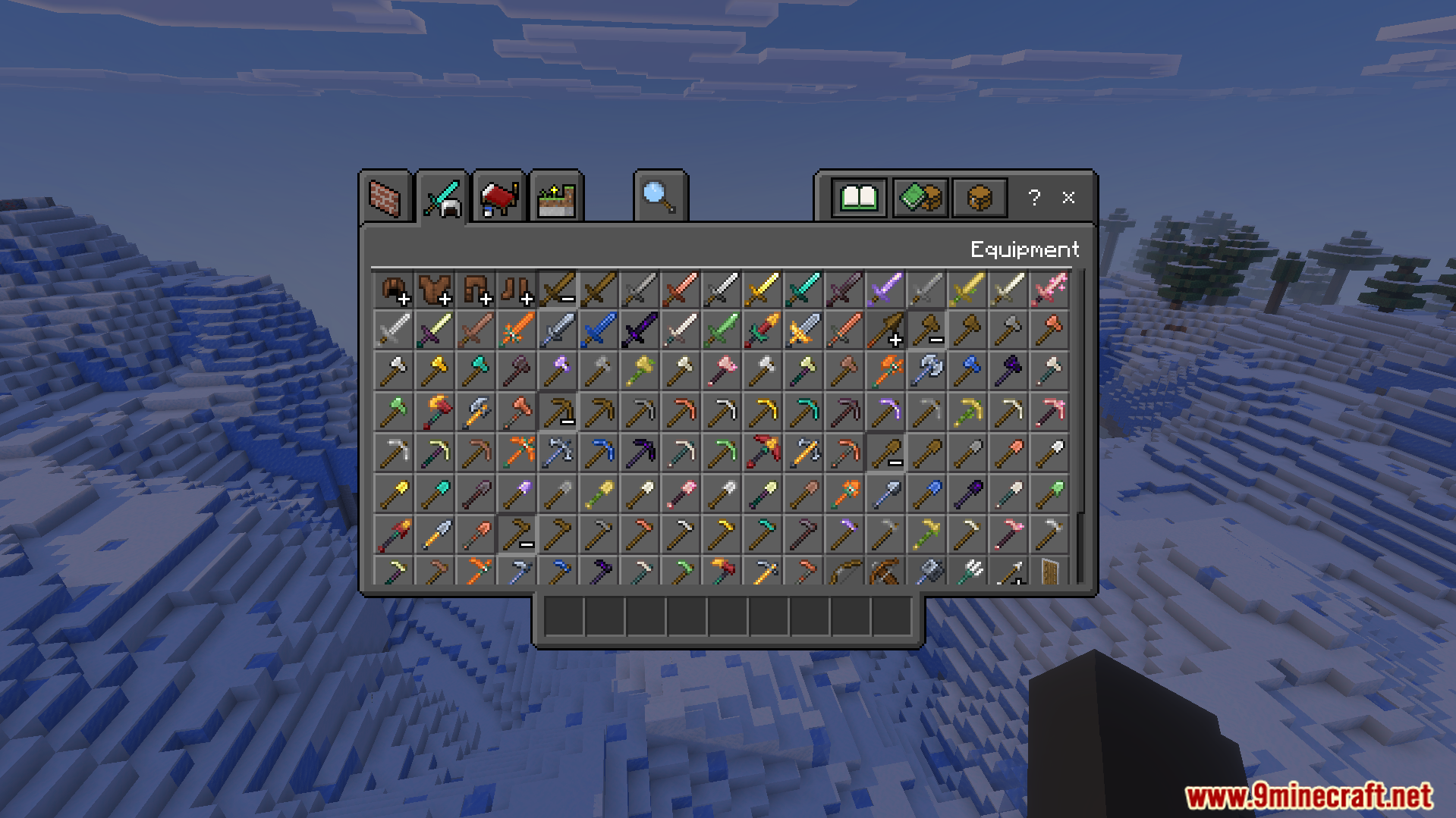 More Vanilla Tools Complete Addon Screenshot 2 Creative inventory equipment tab showing many new tools made from vanilla materials