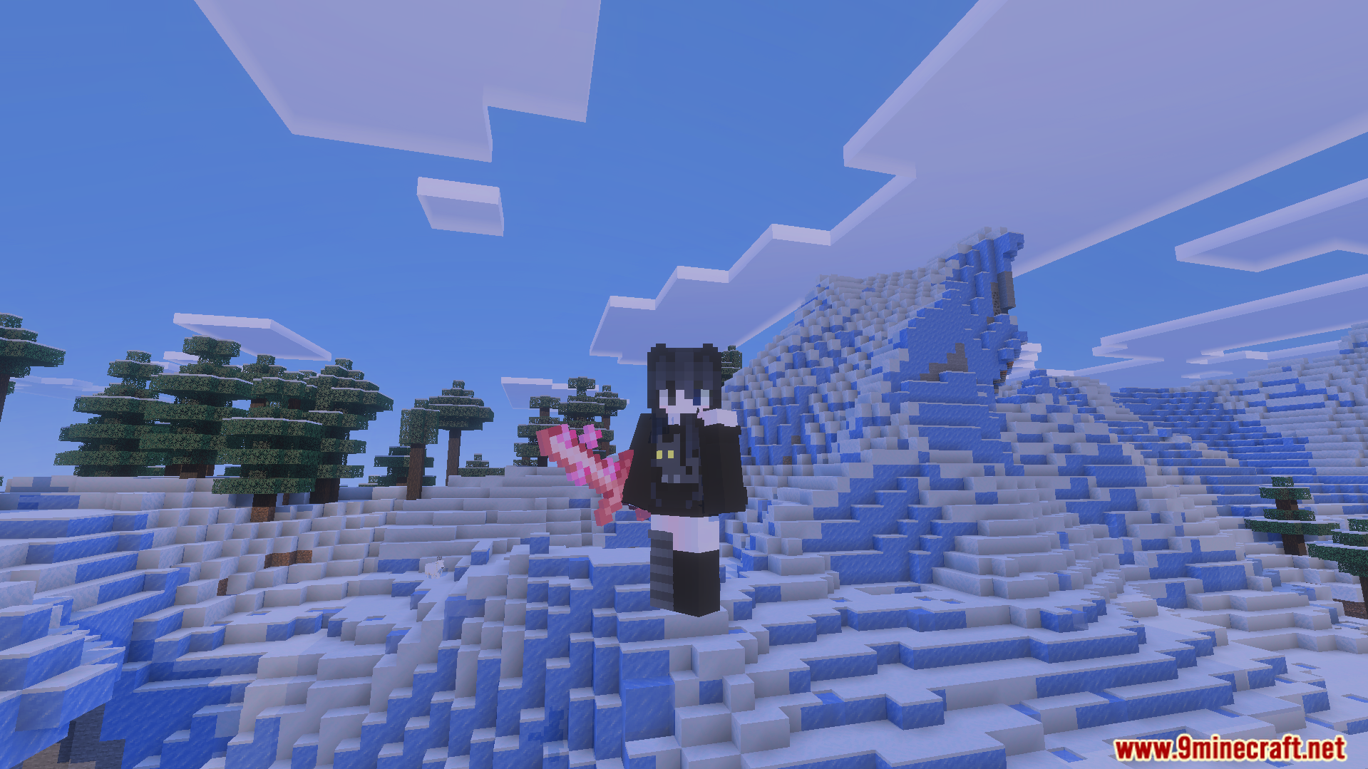 More Vanilla Tools Complete Addon Screenshot 3 Minecraft player holding a pink cherry sword in a snowy mountain biome