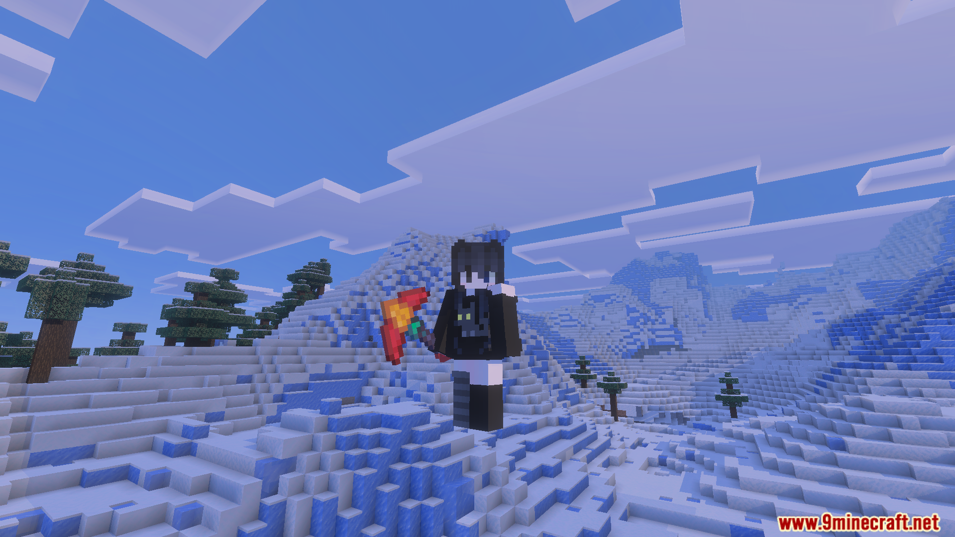 More Vanilla Tools Complete Addon Screenshot 4 Player character holding a red pickaxe in a snowy winter landscape