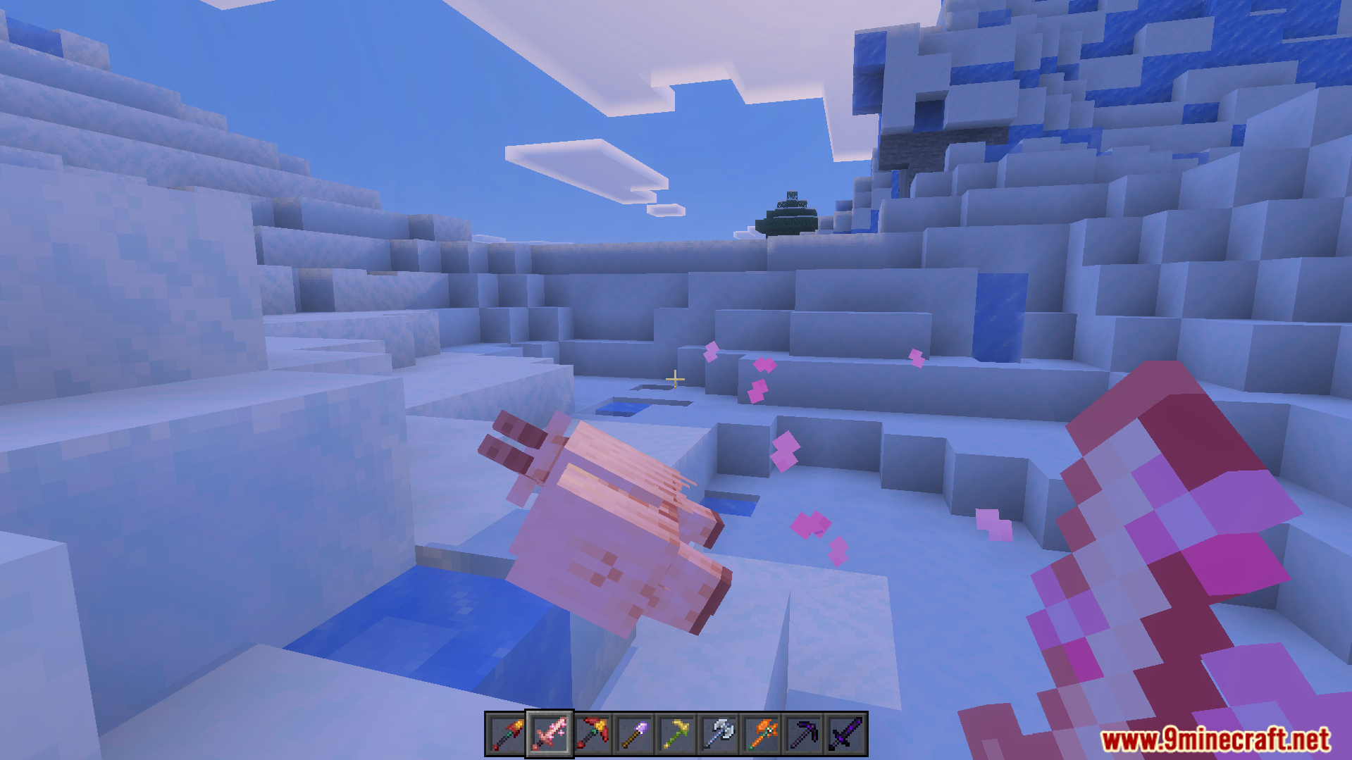 More Vanilla Tools Complete Addon Screenshot 9 More Vanilla Tools Complete Addon features a magical amethyst sword in snowy terrain