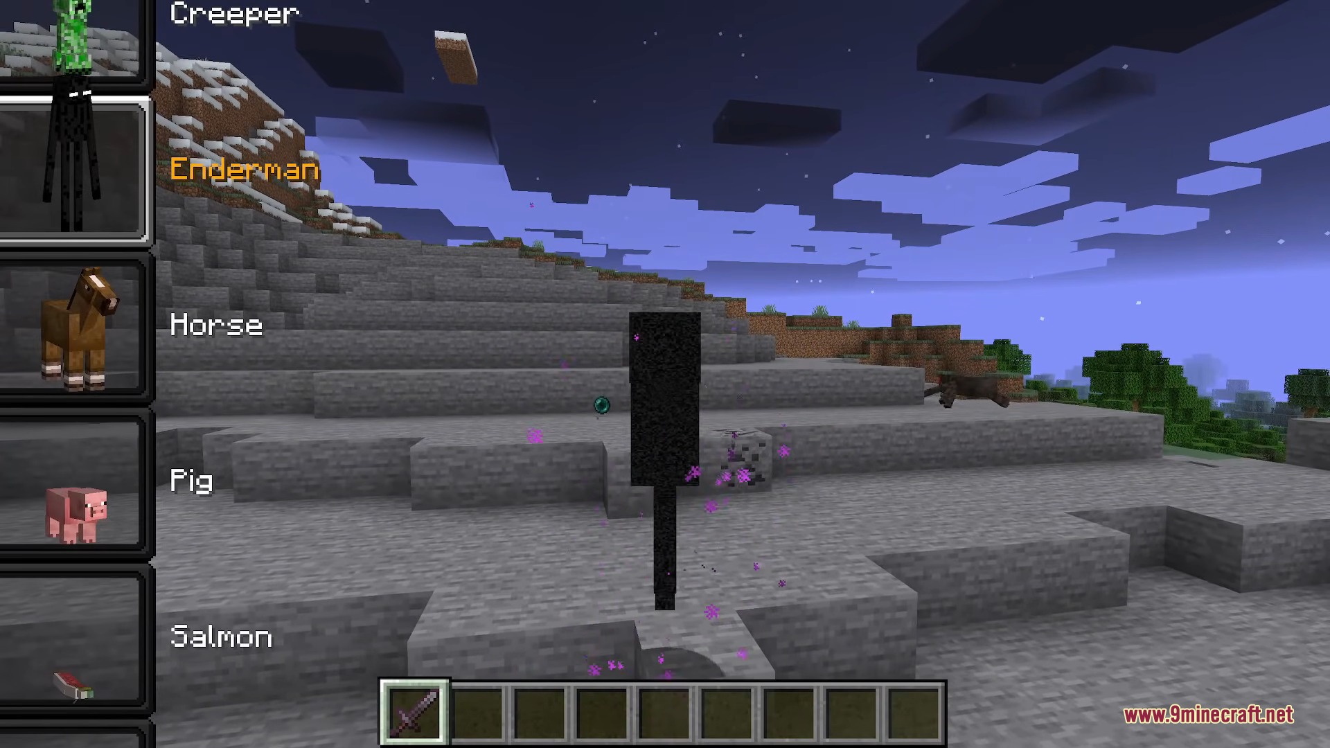 Player turned into an Enderman with a list of available mob forms