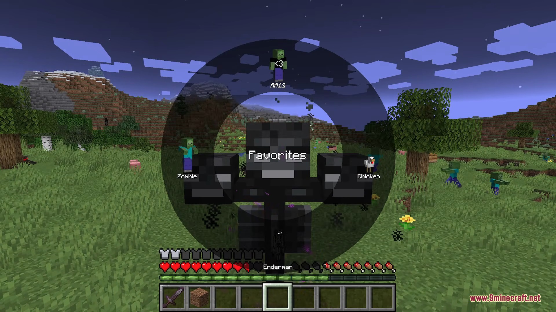 Player selects a mob from the favorites radial menu while playing Minecraft