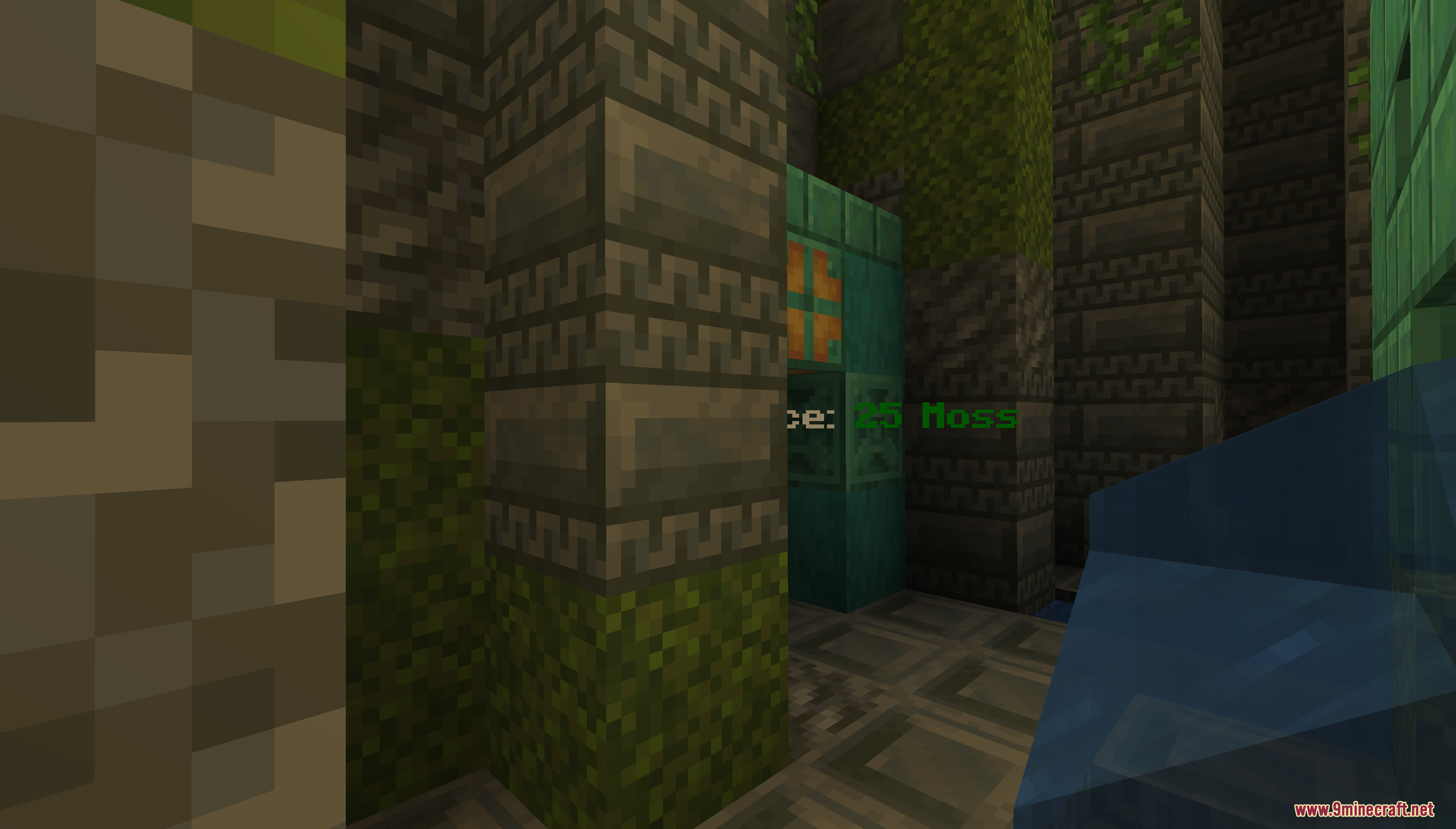Mossholder Map Screenshot 10 A narrow corridor featuring carved stone bricks and mossy walls with floating text